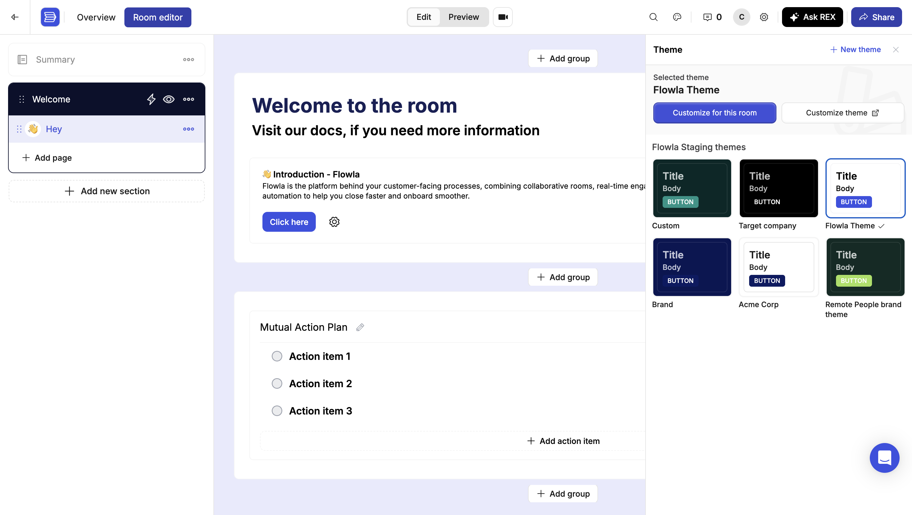 The theme side panel showing the selected Flowla Theme and a grid of organization themes including Custom, Target company, Brand, and Acme Corp