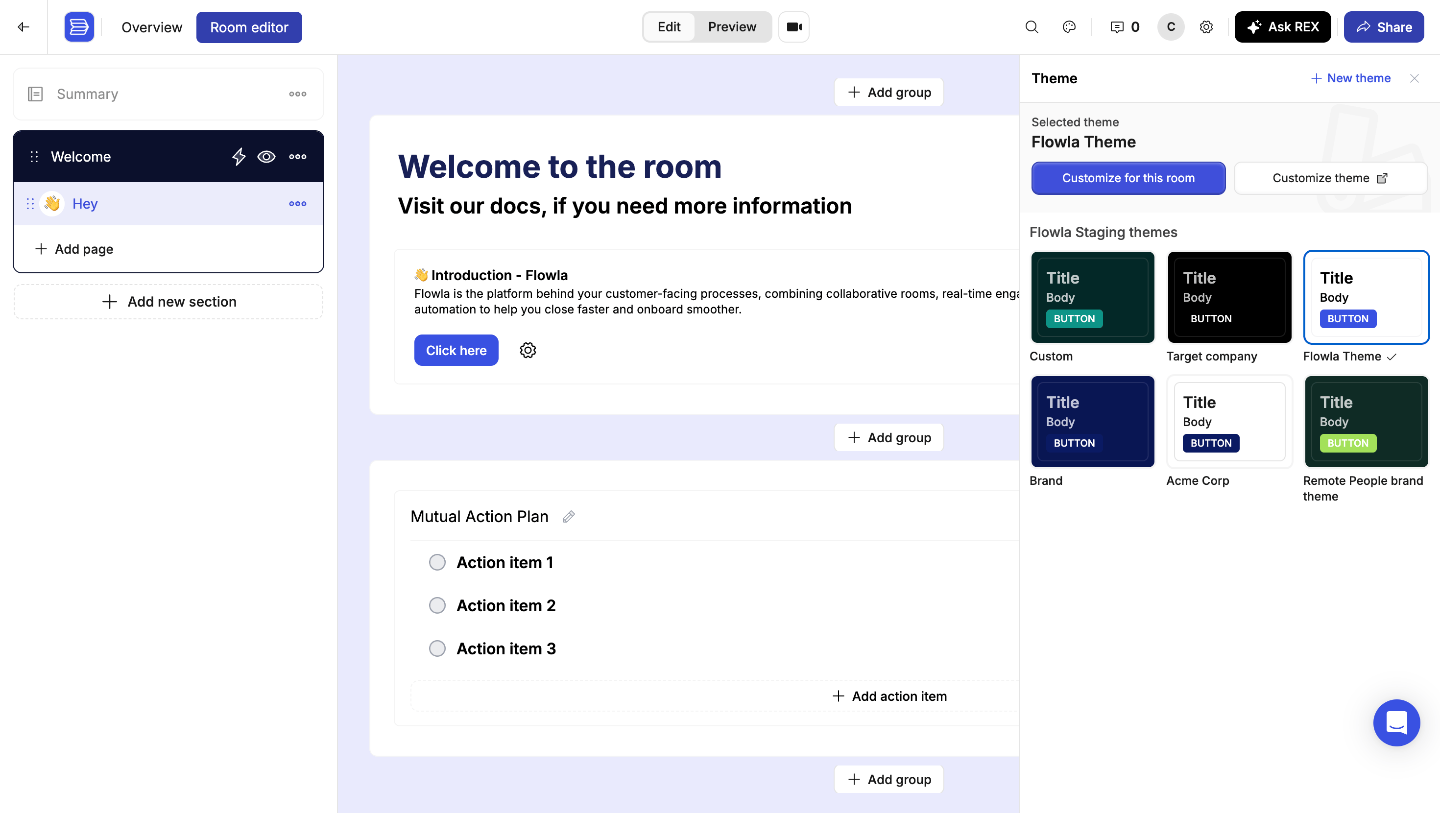 The theme side panel showing the selected Flowla Theme and a grid of organization themes including Custom, Target company, Brand, and Acme Corp