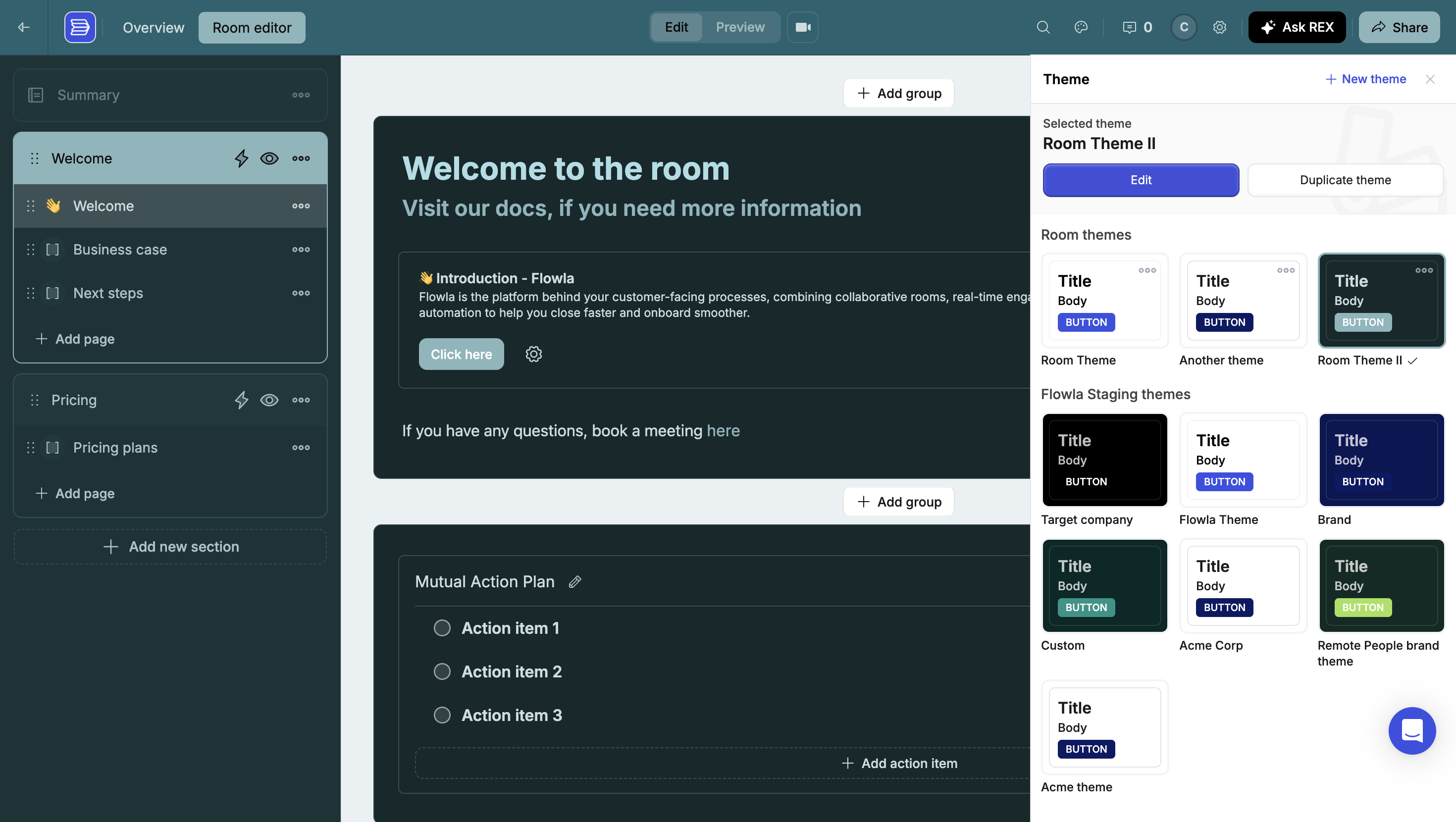 The theme panel showing a Room themes section with Room Theme, Another theme, and Room Theme II above the organization theme grid