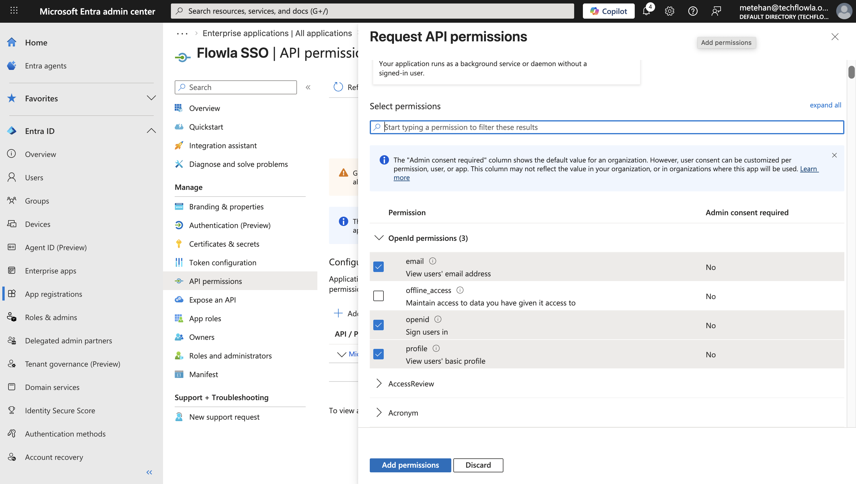 Entra ID API permissions screen with Microsoft Graph delegated permissions selected
