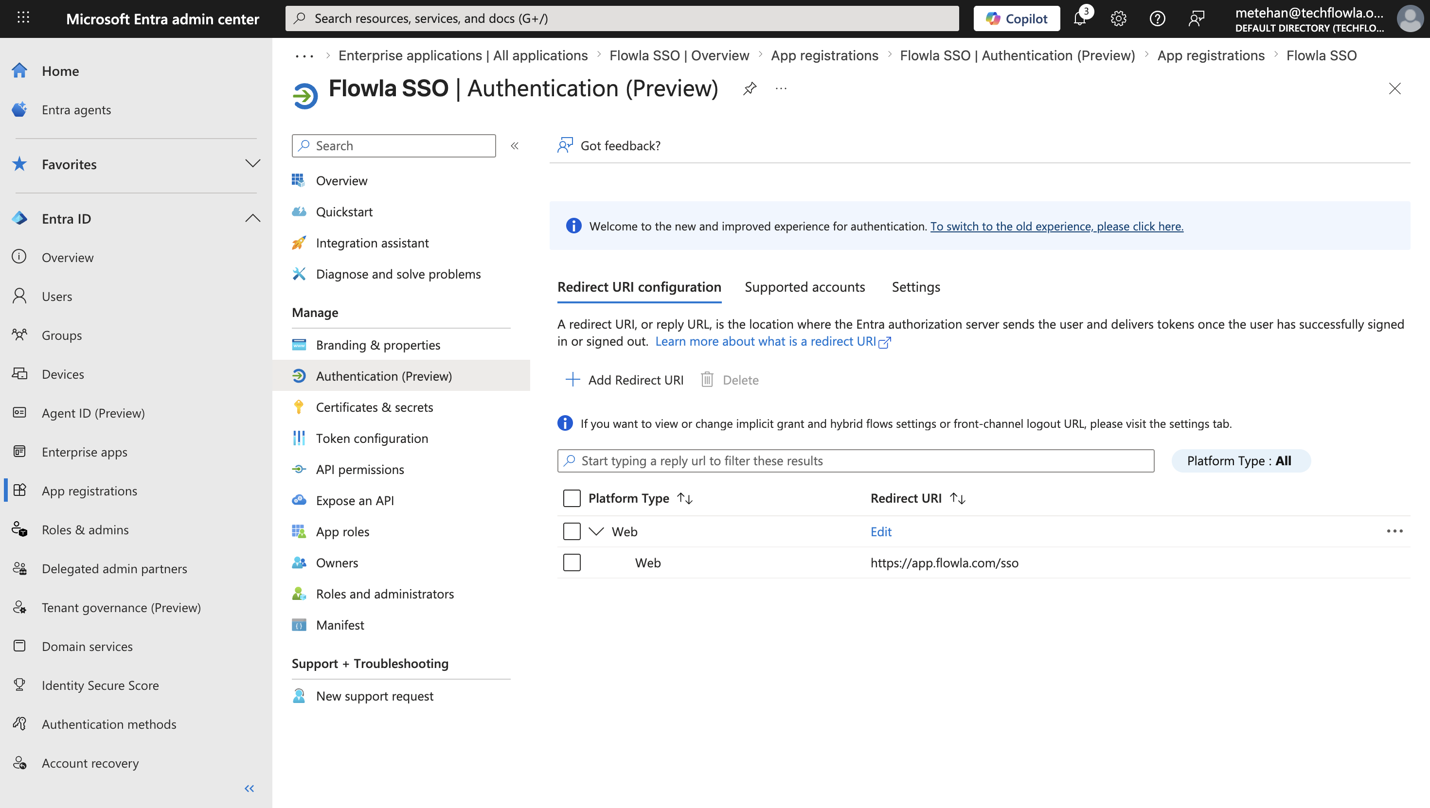 Entra ID Authentication page showing Web platform redirect URI configuration