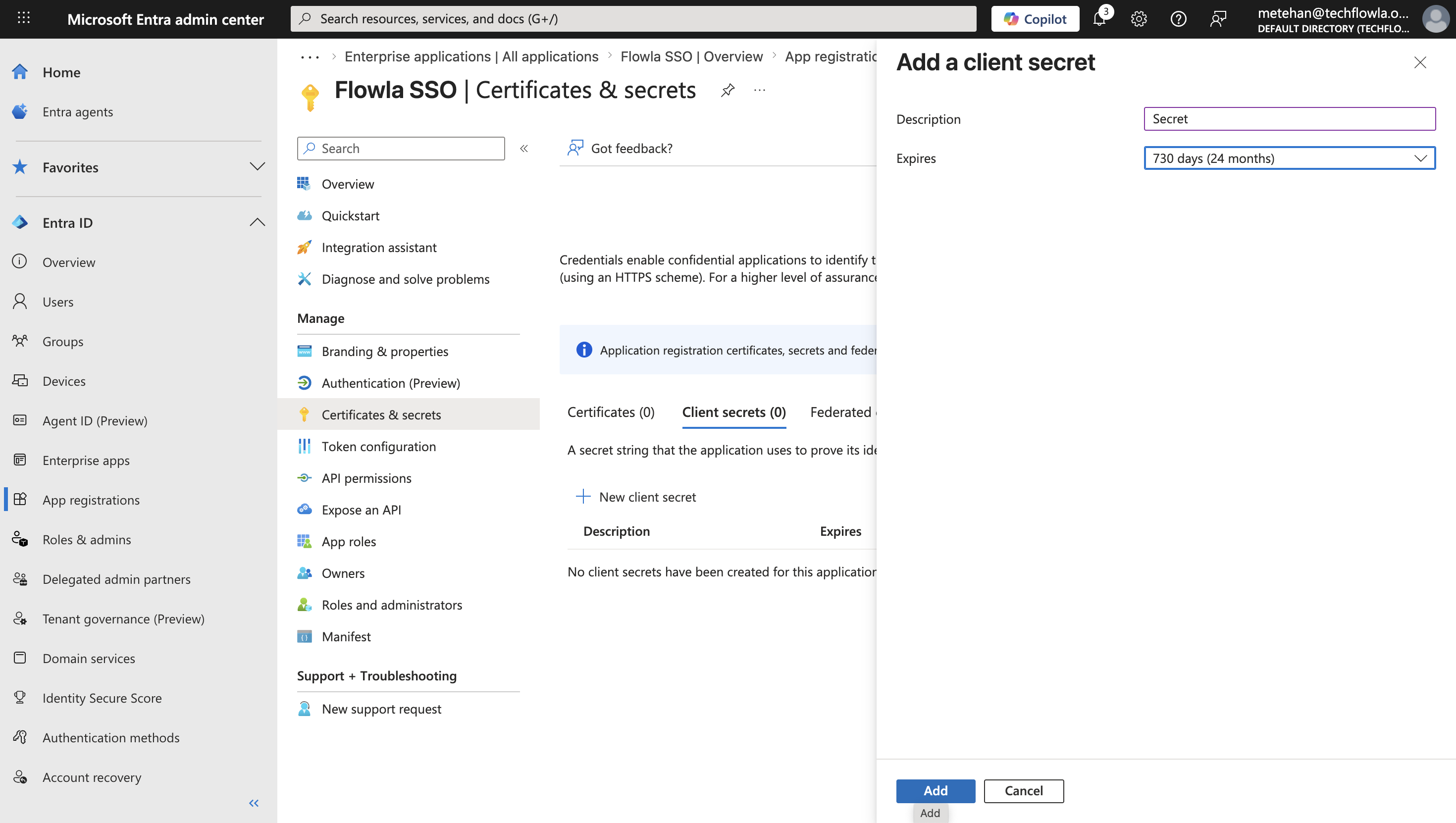 Entra ID Certificates and secrets page for creating a new client secret