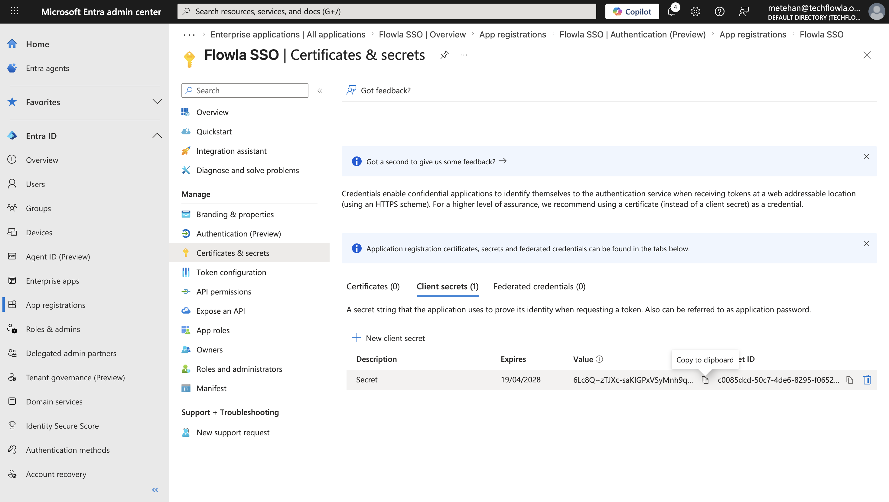 Entra ID client secret value displayed after creation