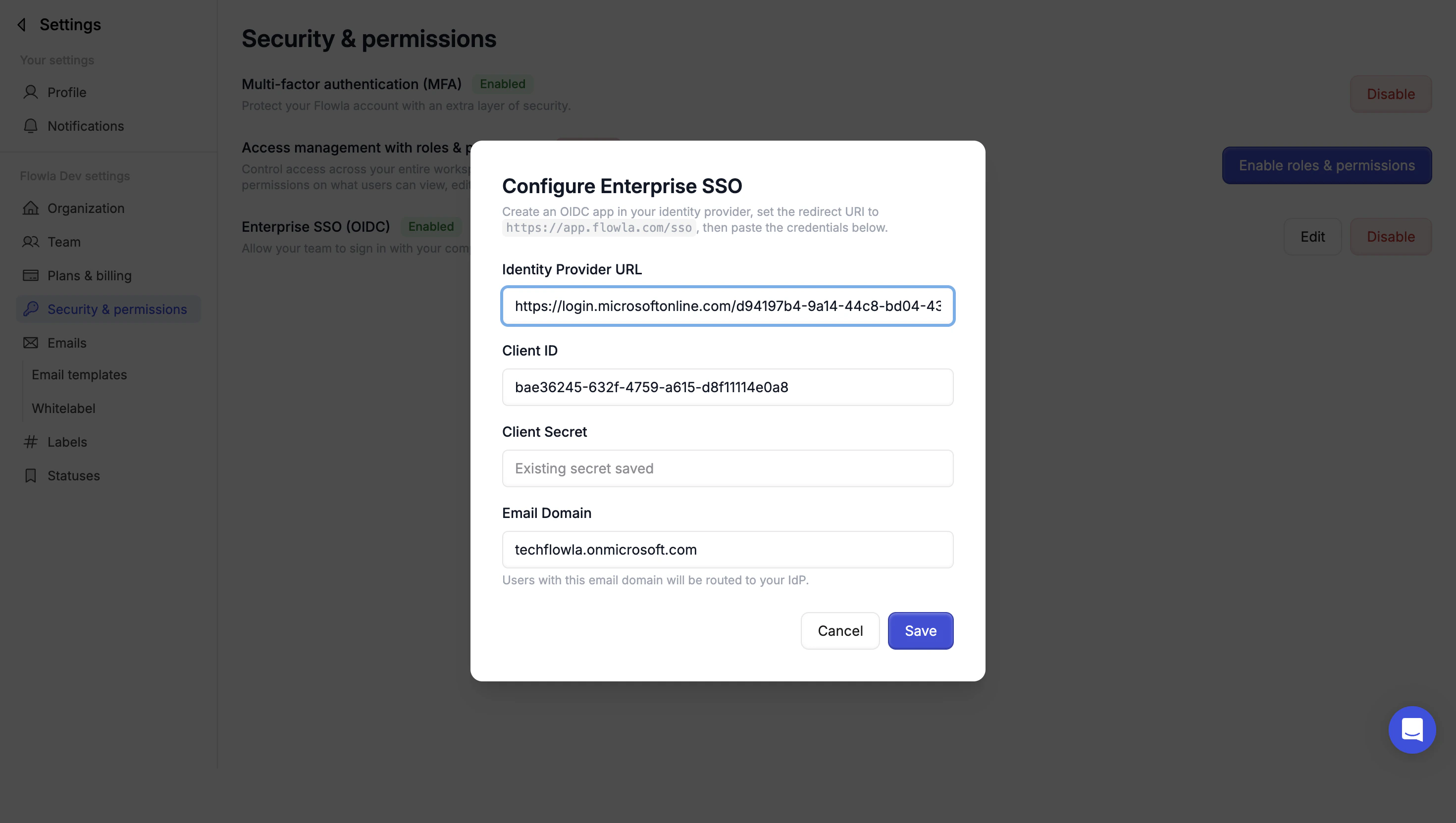 Flowla SSO setup form with identity provider URL, client ID, client secret, and email domain fields