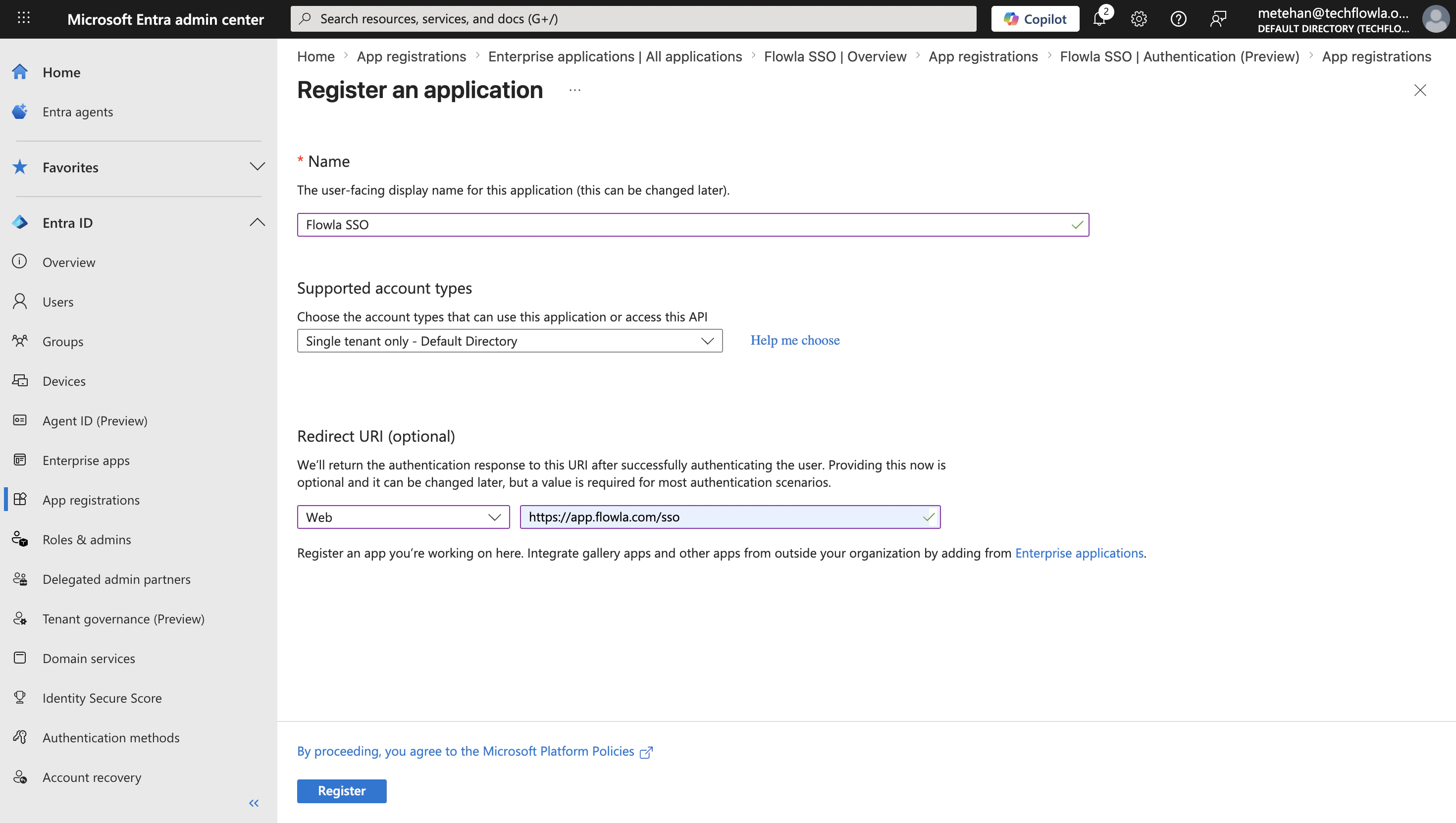 Entra ID app registration page with Register action highlighted
