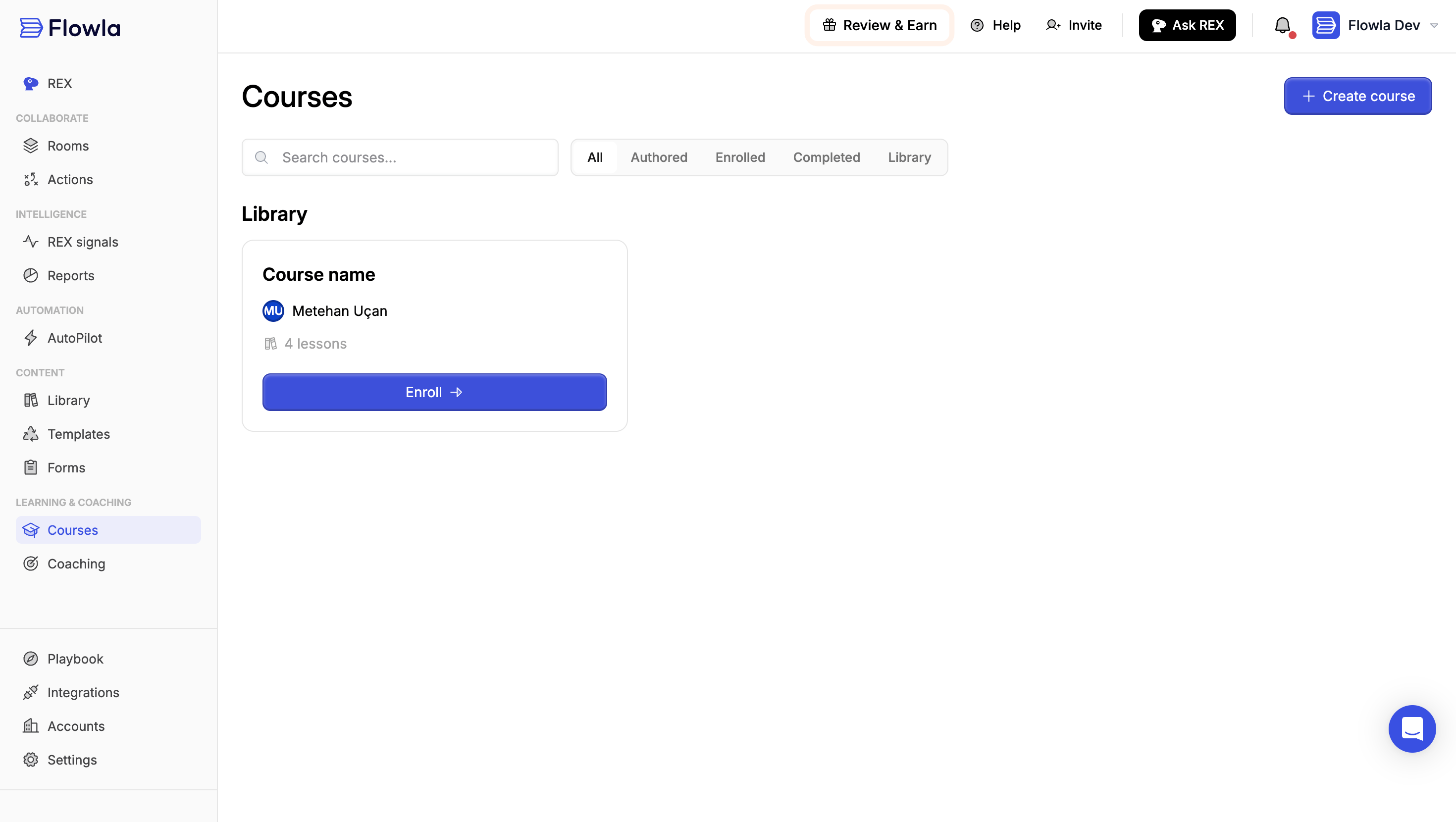 The Courses page showing a course card in the Library with an Enroll button