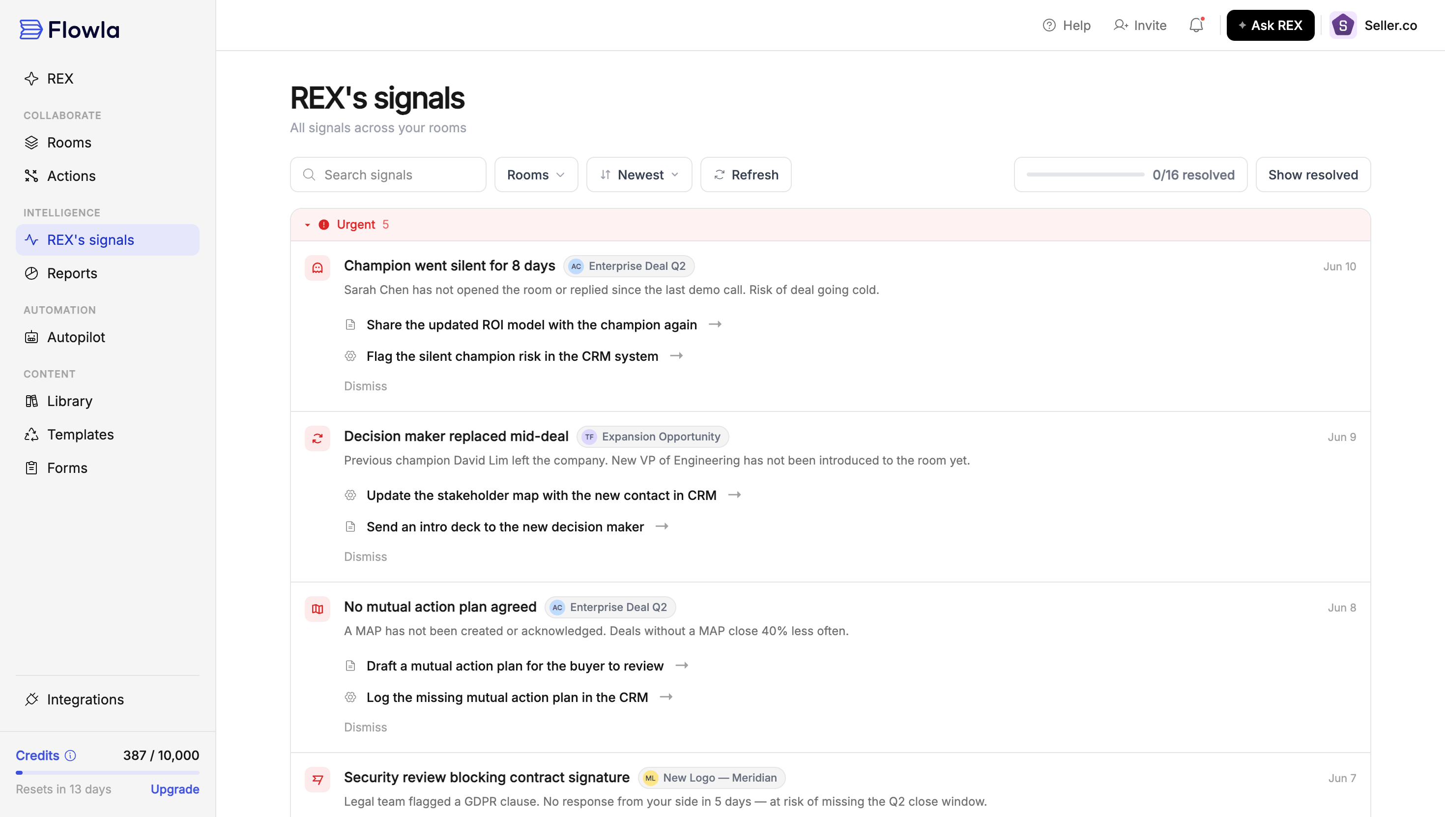 The REX's signals page listing signals from multiple rooms, each tagged with the room it came from