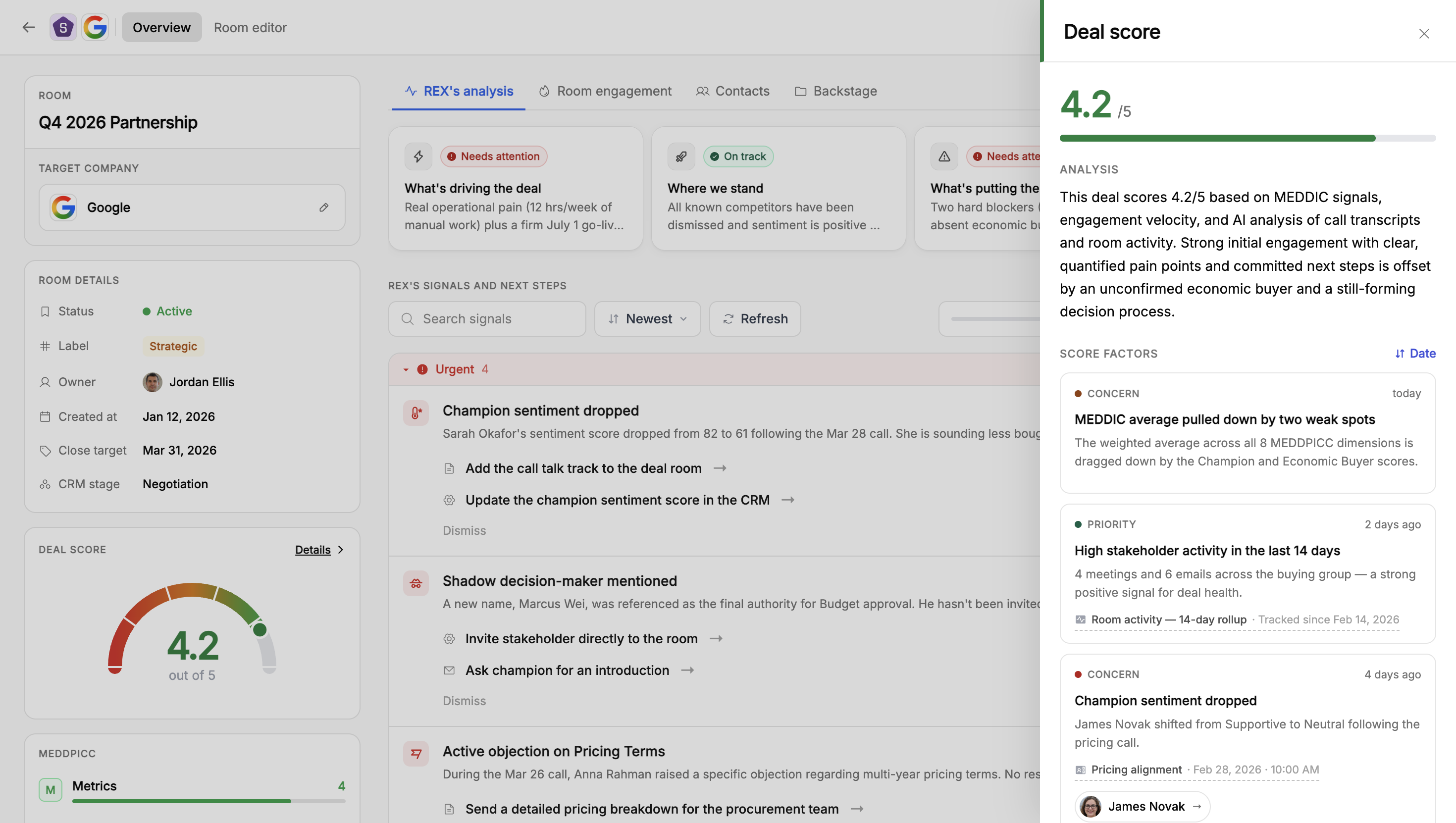 The Deal Score detail drawer with analysis text and a list of typed score factors