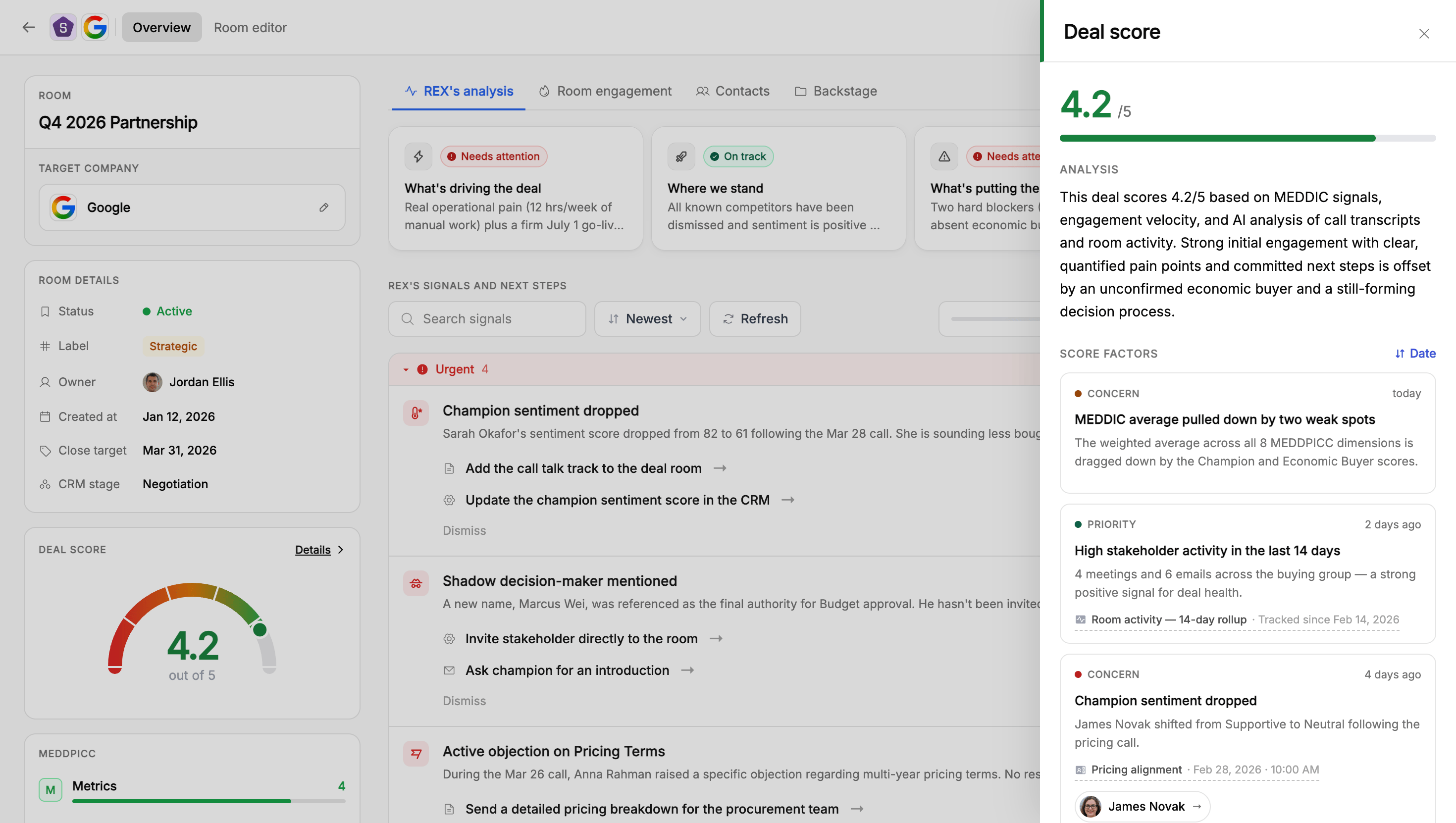 The Deal Score detail drawer with analysis text and a list of typed score factors