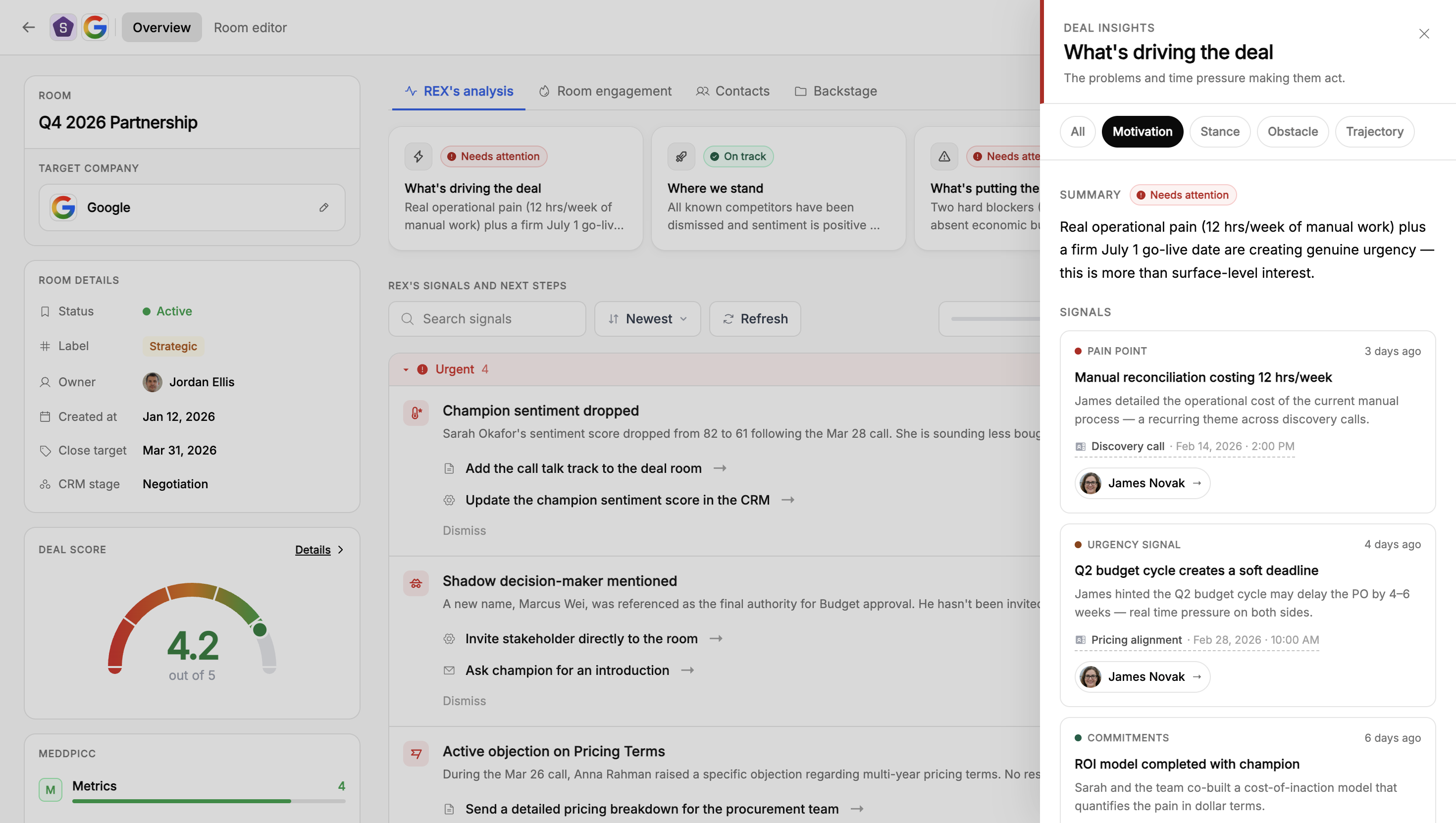 The Motivation insight card detail, showing its summary and the pain points, urgency signals, and commitments behind it