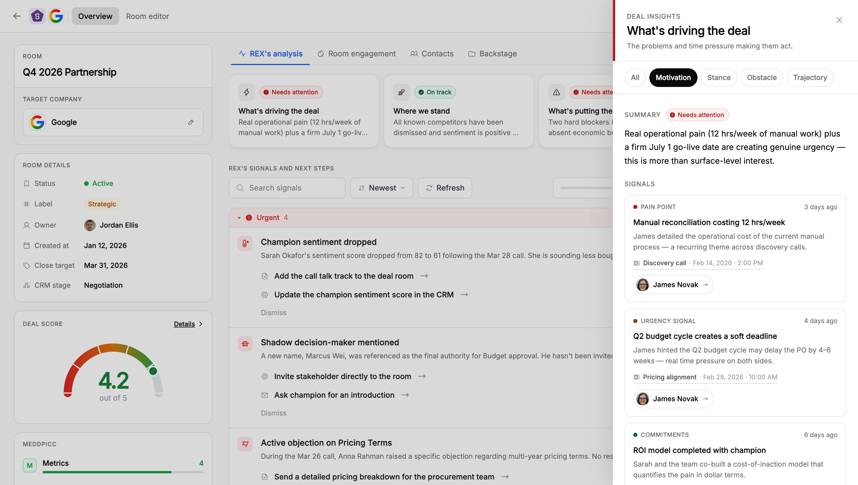The Motivation insight card detail, showing its summary and the pain points, urgency signals, and commitments behind it
