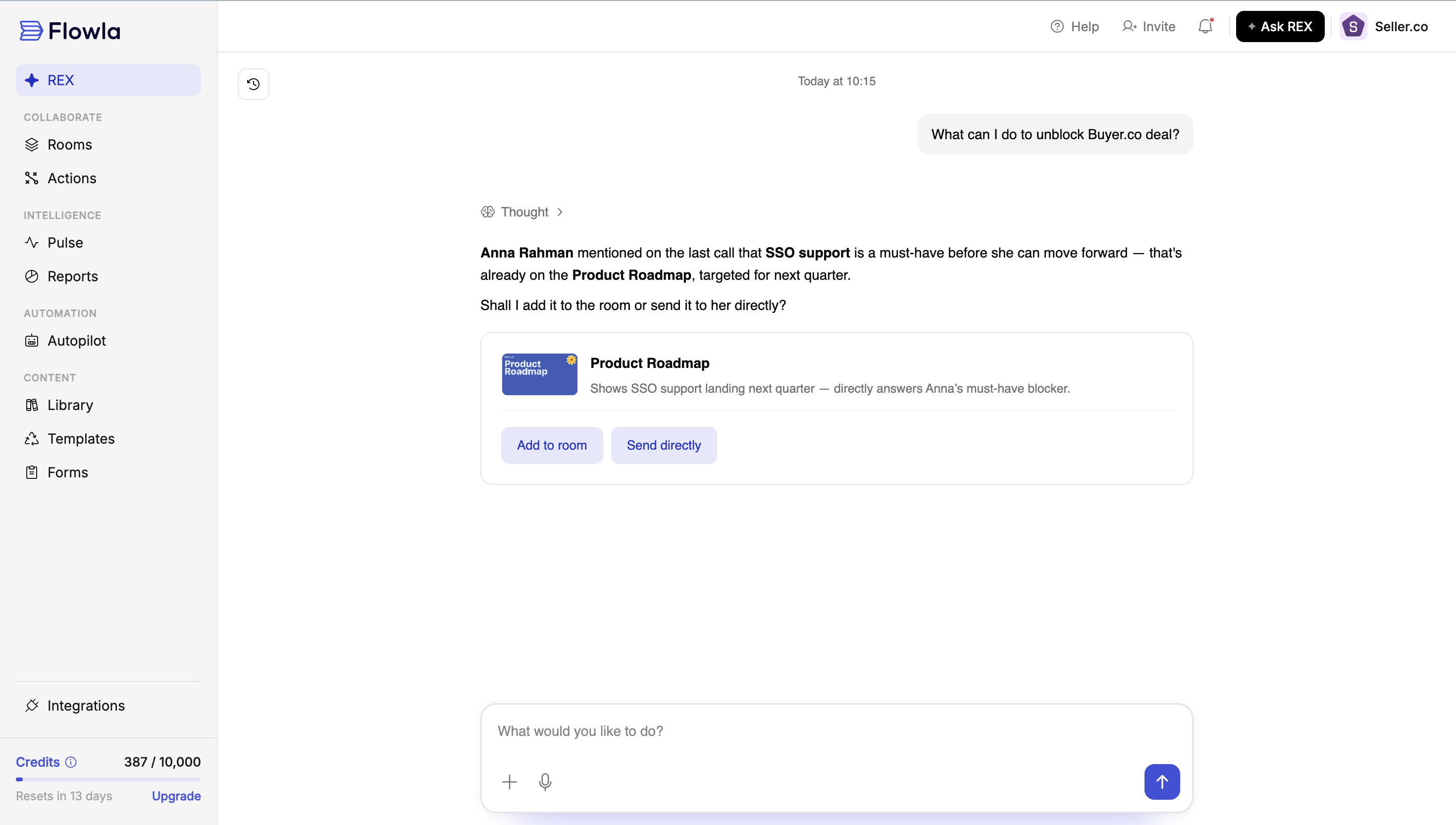 REX Chat recommending a specific library asset in conversation