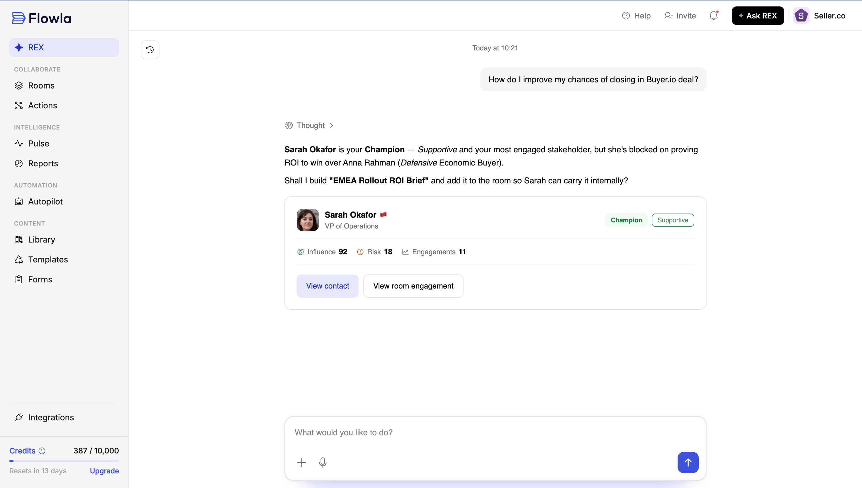 REX Chat showing a contact card alongside a suggested asset