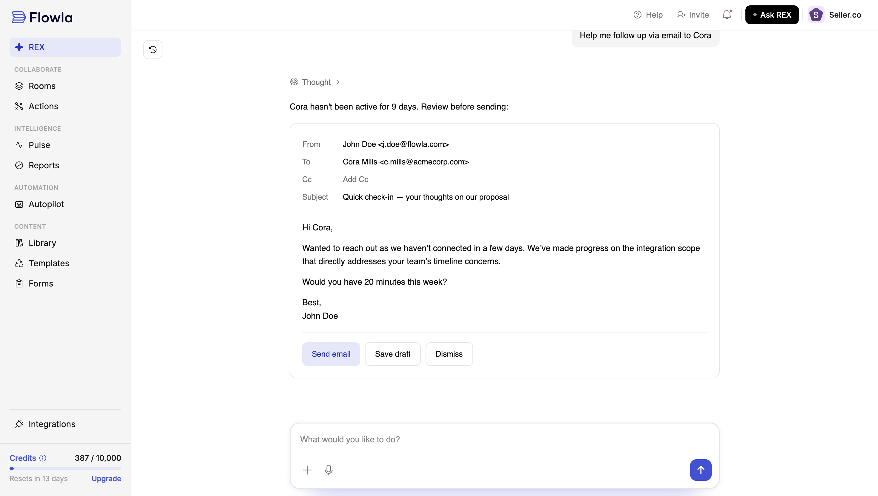 A REX-drafted email shown for approval before sending