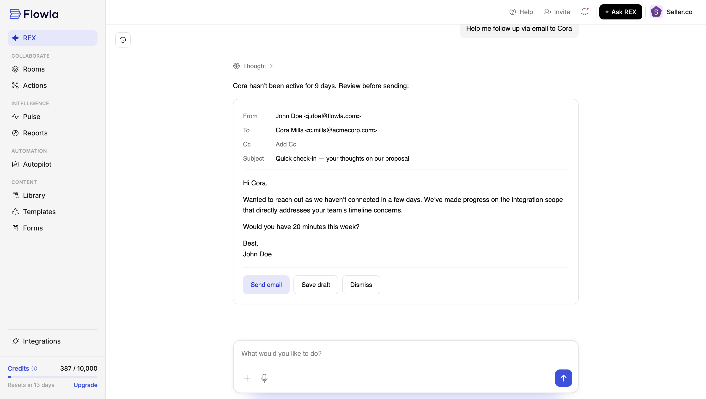 A REX-drafted email shown for approval before sending