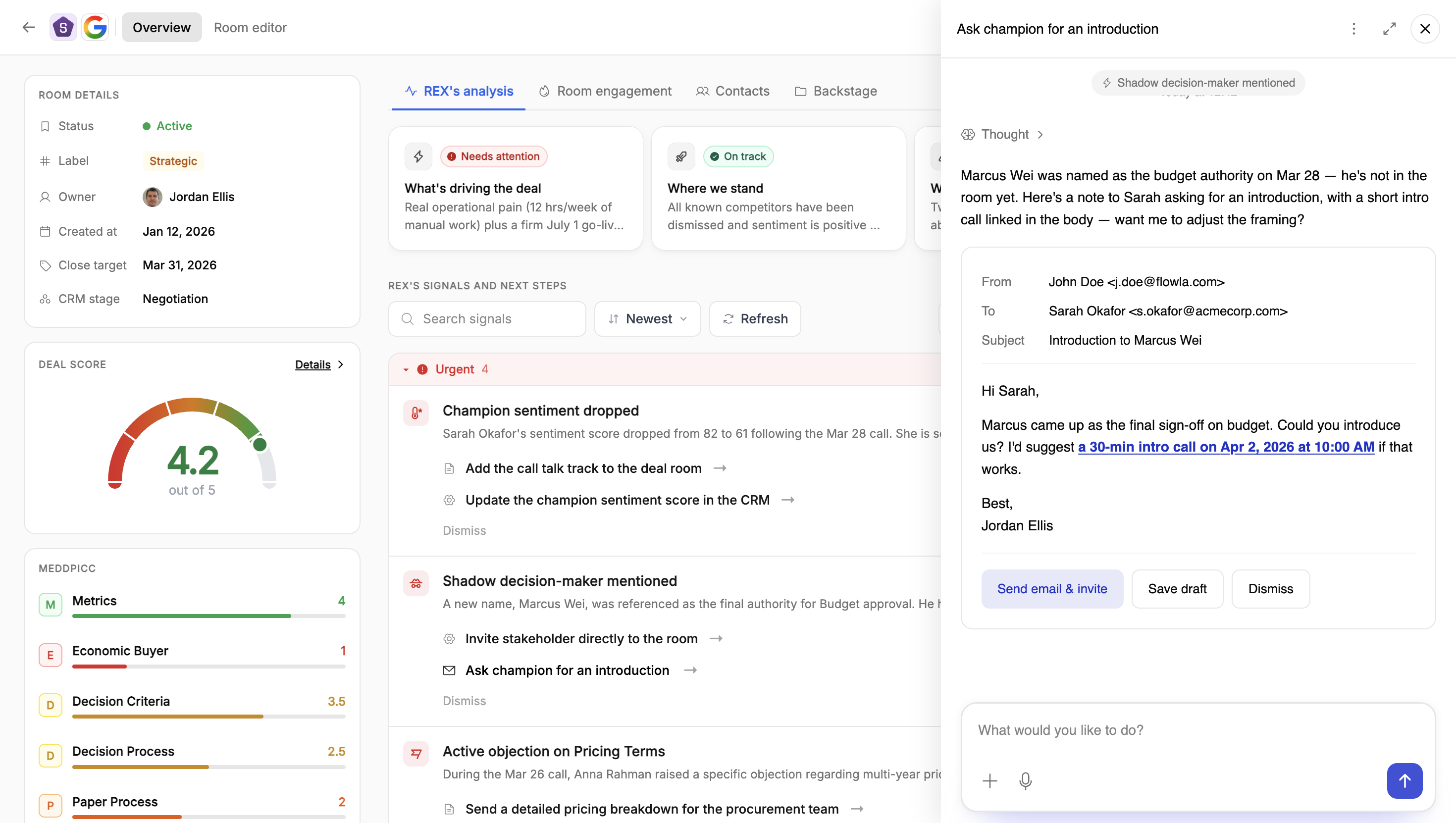 A recommended action opened in REX, showing a drafted introduction email with Send, Save draft, and Dismiss options