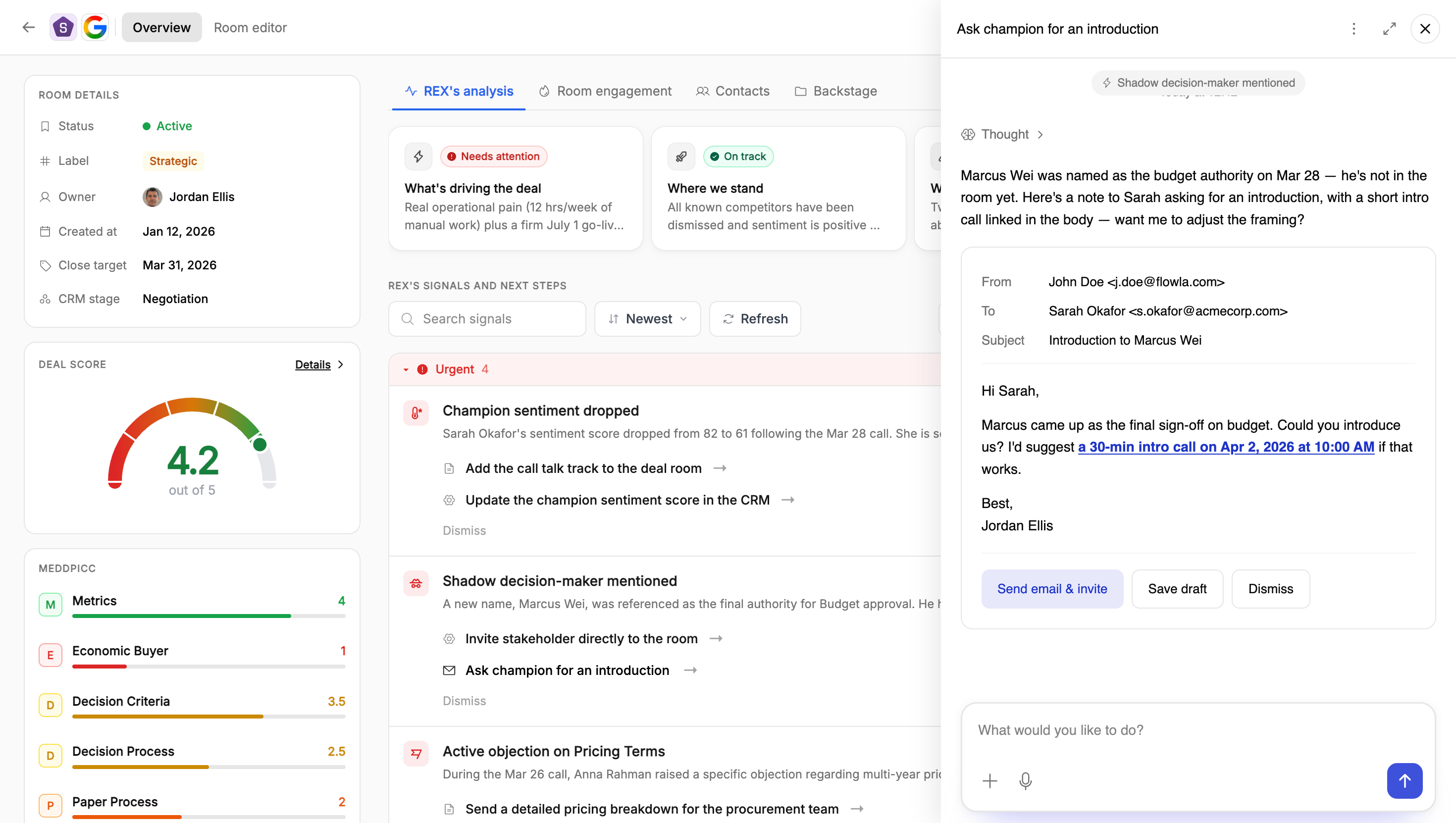 A recommended action opened in REX, showing a drafted introduction email with Send, Save draft, and Dismiss options