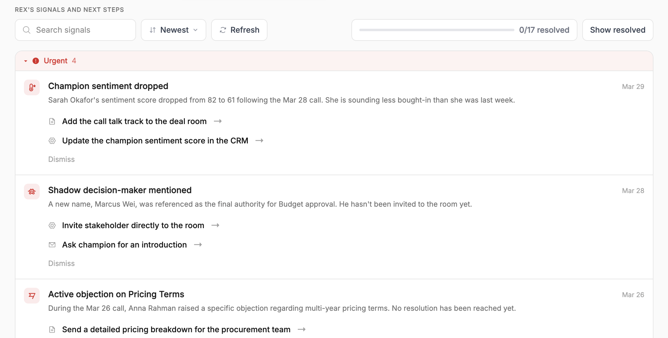 The REX's signals and next steps feed showing signals grouped by urgency, each with a title, description, dated source, and recommended actions