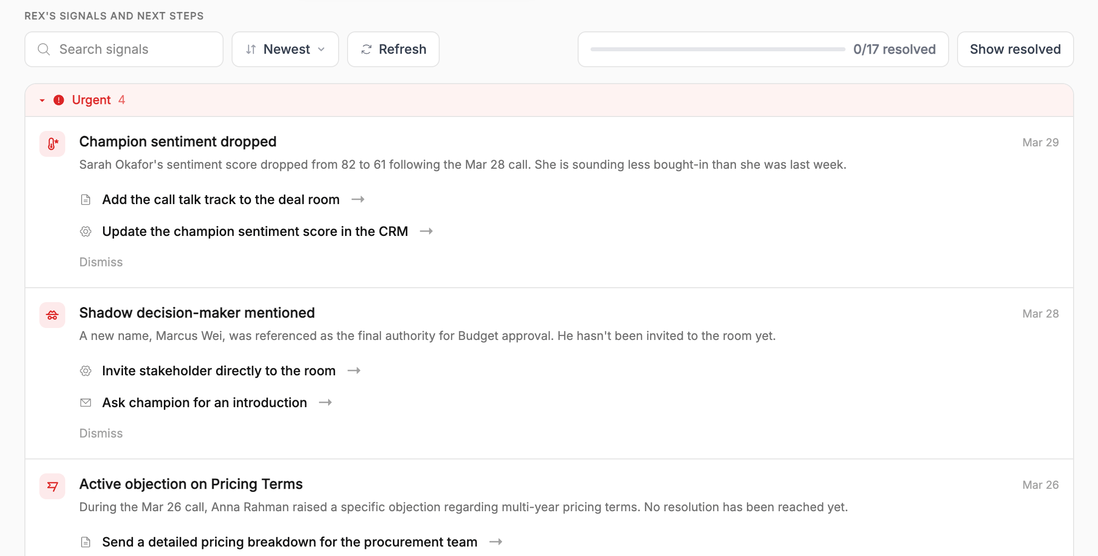 The REX's signals and next steps feed showing signals grouped by urgency, each with a title, description, dated source, and recommended actions