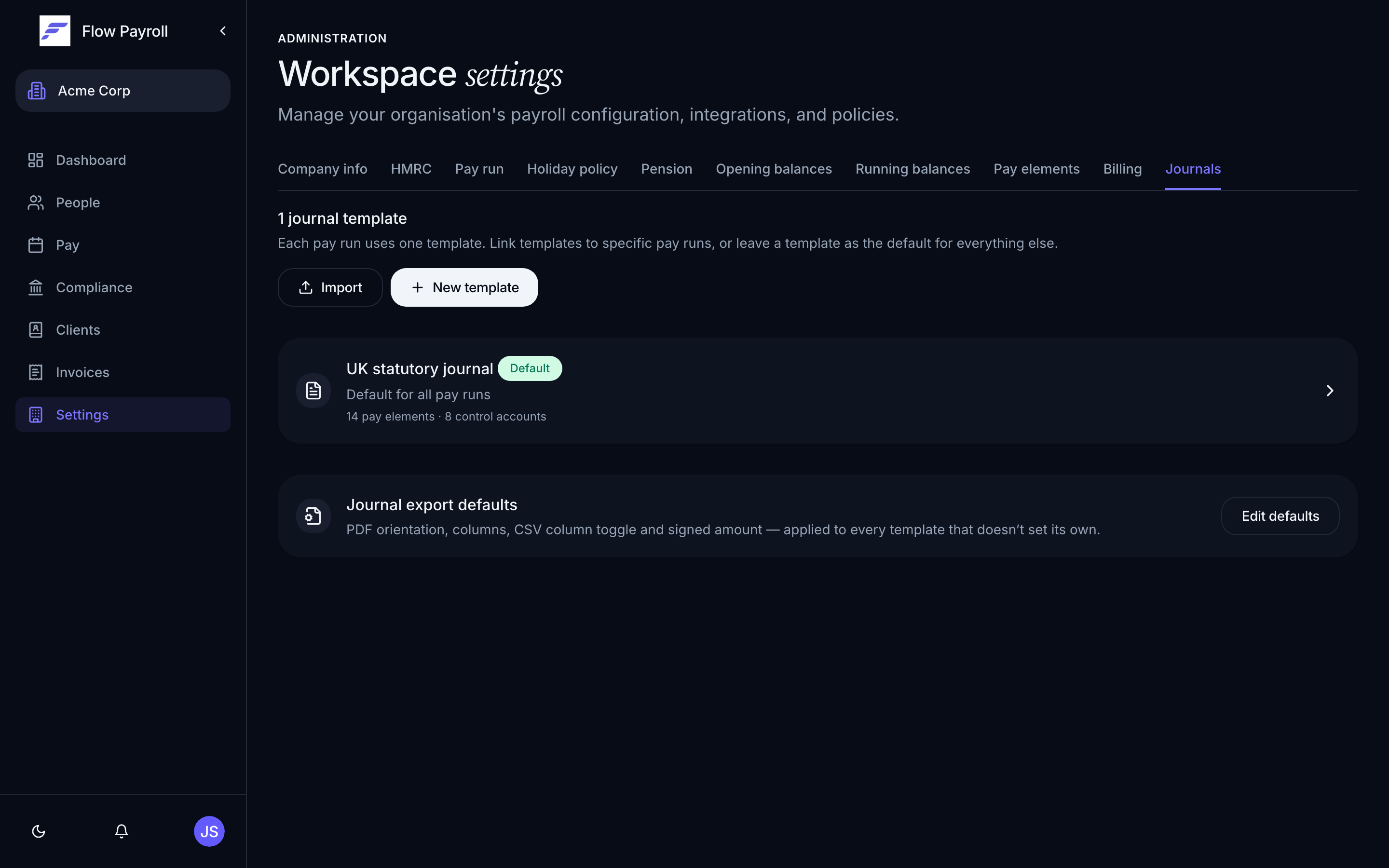 Journals tab in Workspace Settings