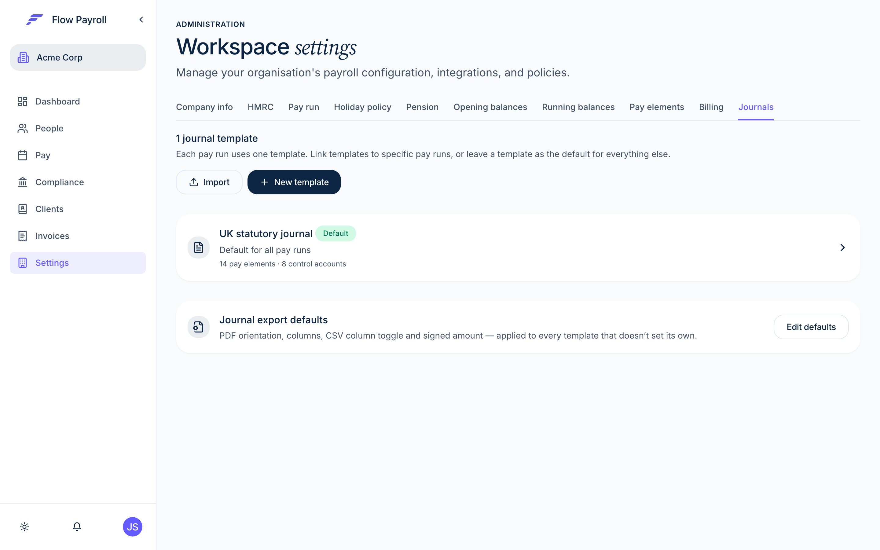Journals tab in Workspace Settings