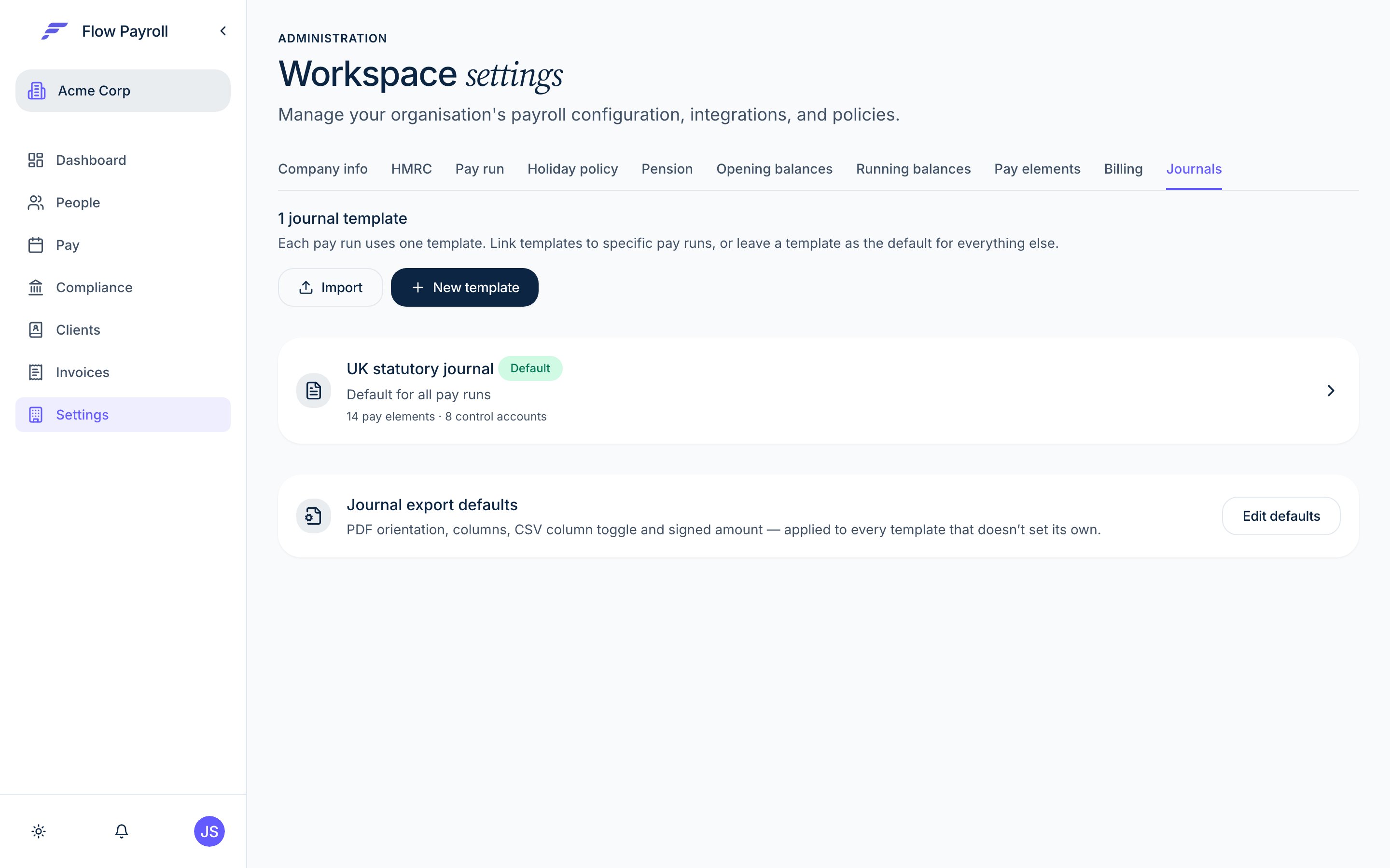 Journals tab in Workspace Settings