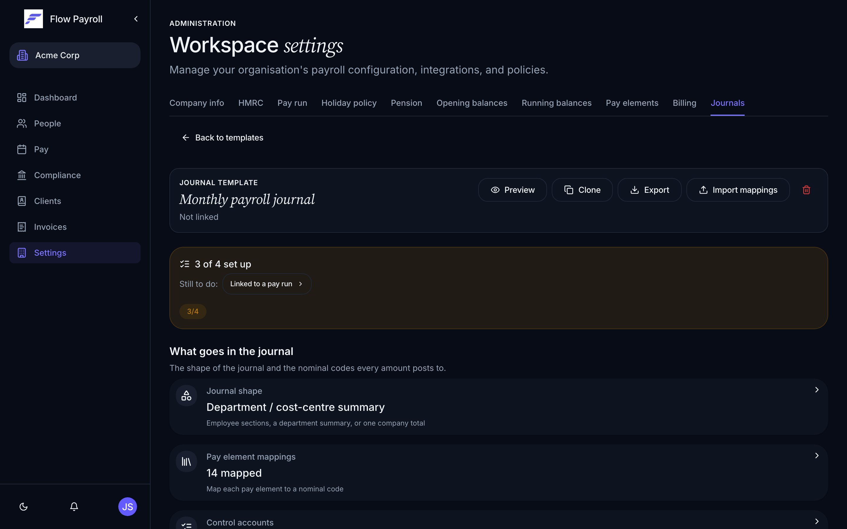 A journal template showing all configurable sections