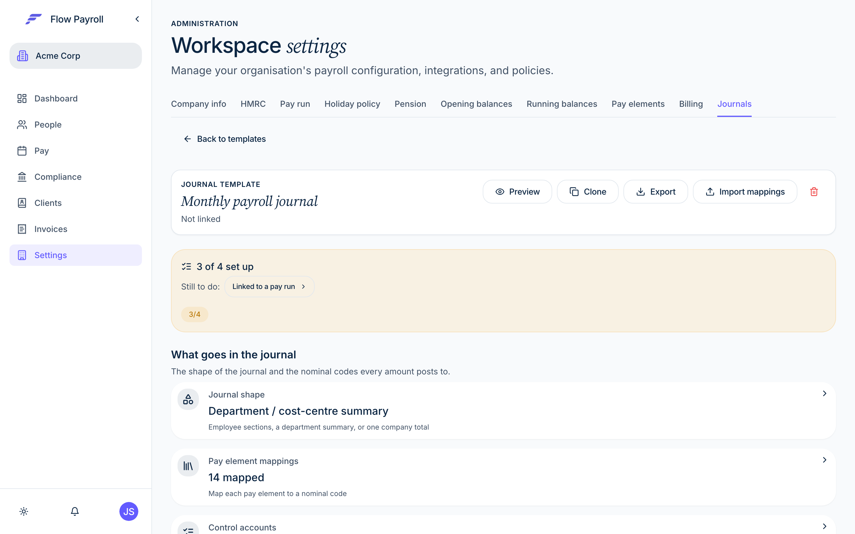 A journal template showing all configurable sections