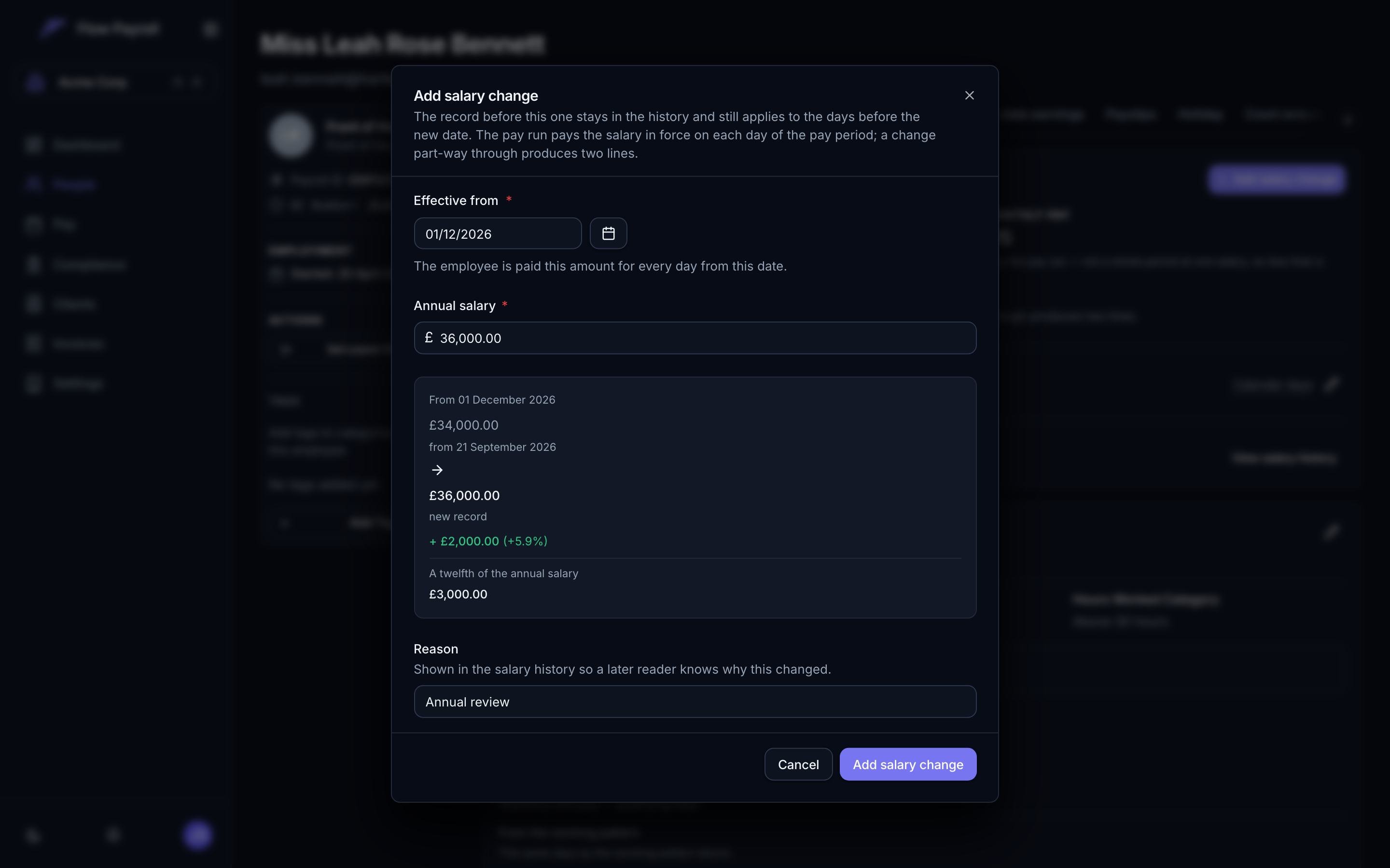 The Add salary change dialog with an effective date, an annual salary, and a preview showing the old salary, the new one, the difference in pounds and per cent, and a twelfth of the annual figure