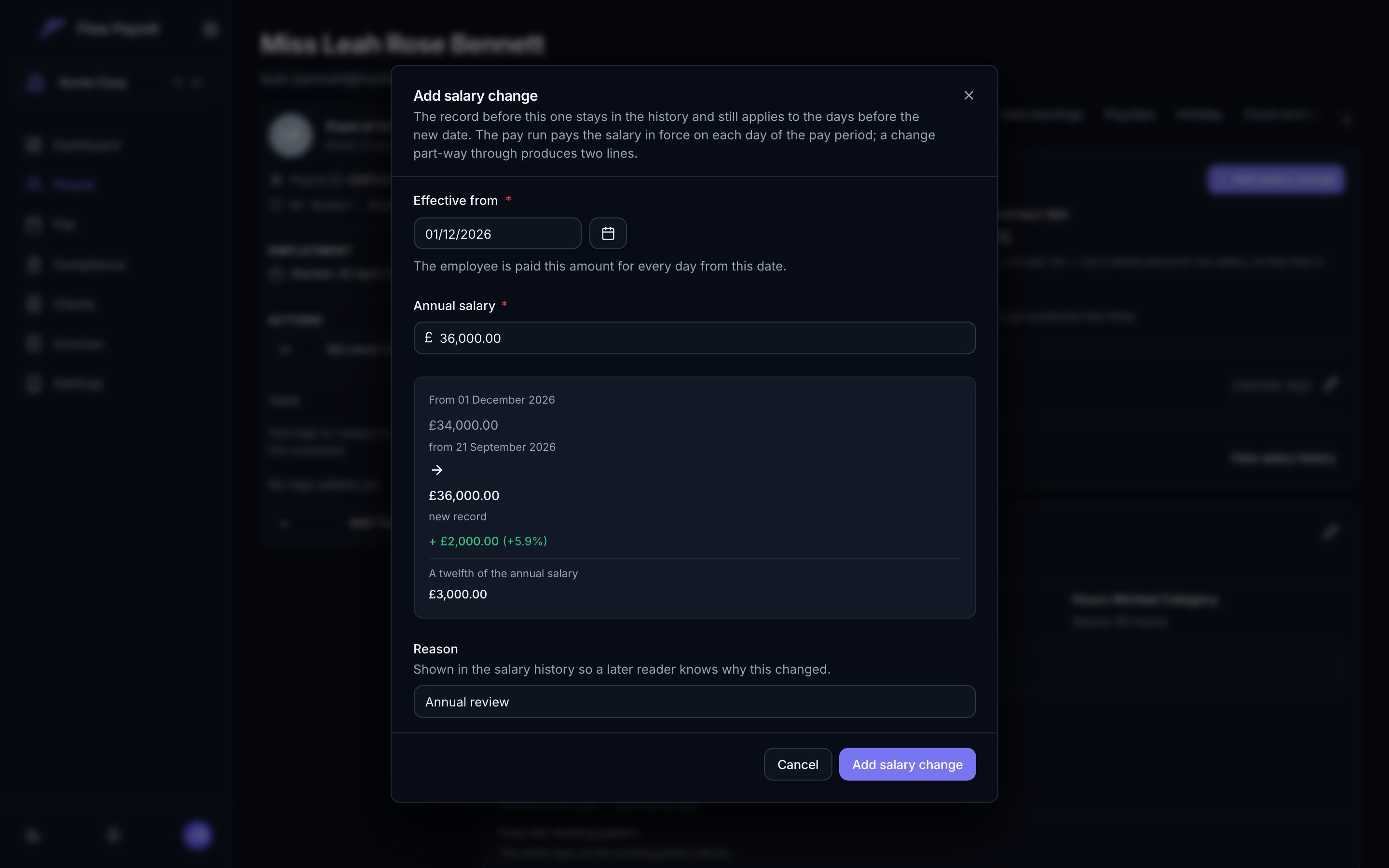 The Add salary change dialog with an effective date, an annual salary, and a preview showing the old salary, the new one, the difference in pounds and per cent, and a twelfth of the annual figure