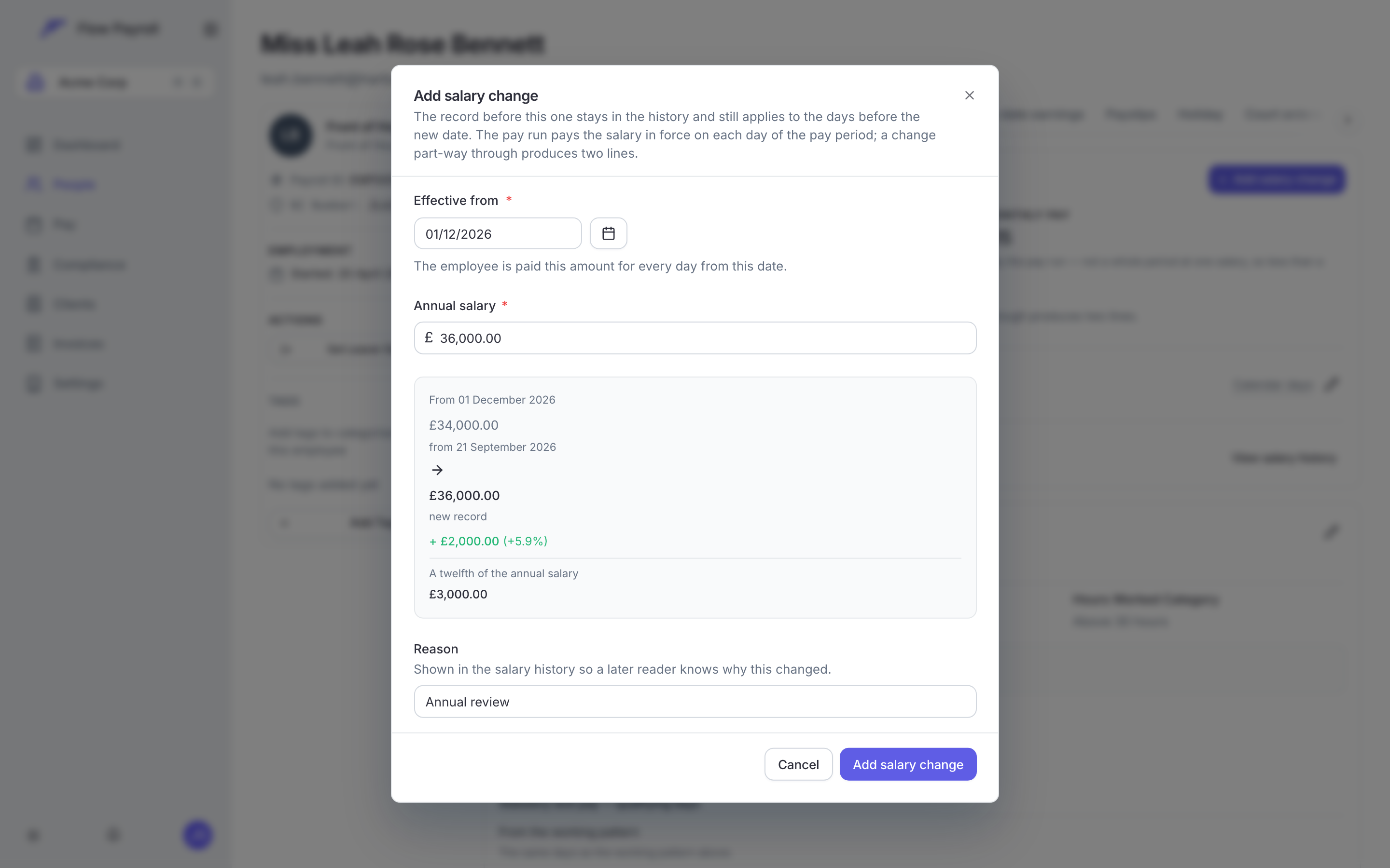 The Add salary change dialog with an effective date, an annual salary, and a preview showing the old salary, the new one, the difference in pounds and per cent, and a twelfth of the annual figure