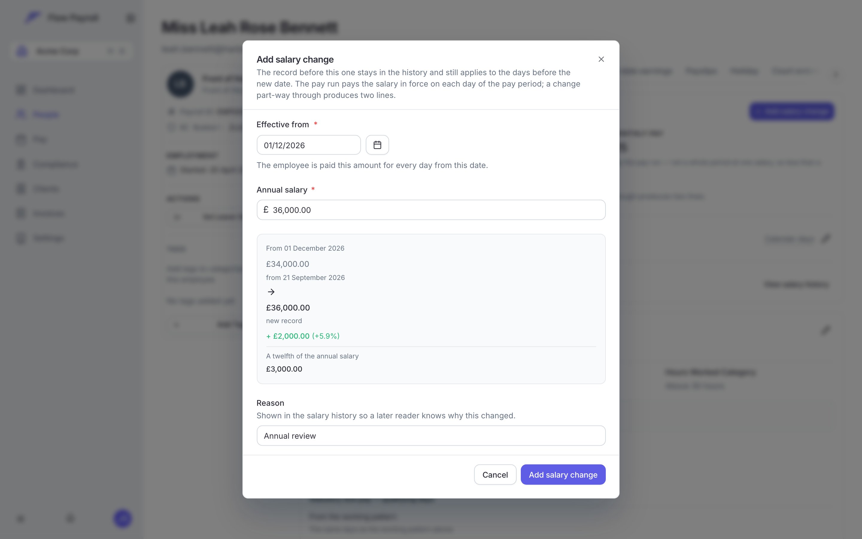 The Add salary change dialog with an effective date, an annual salary, and a preview showing the old salary, the new one, the difference in pounds and per cent, and a twelfth of the annual figure