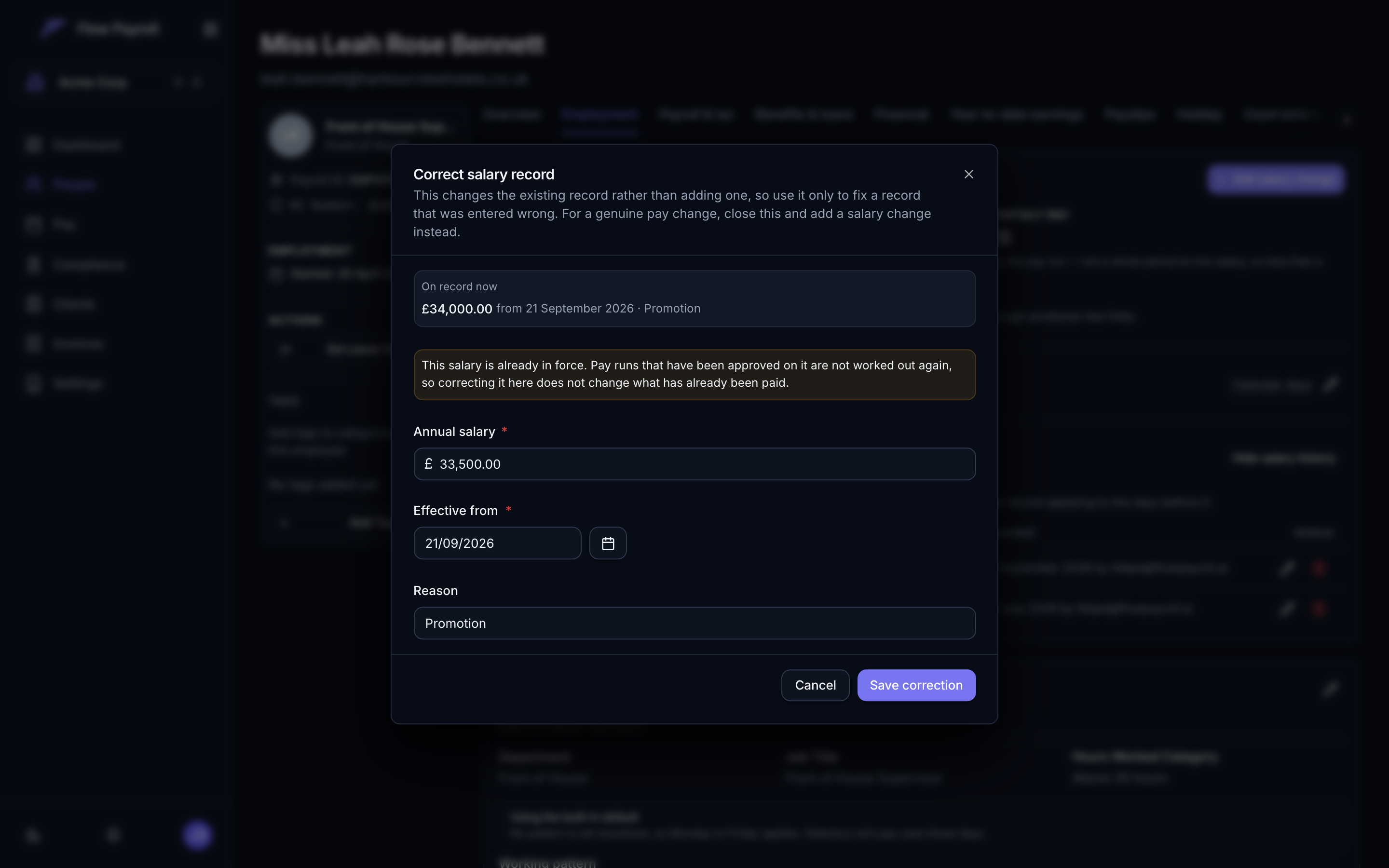 The Correct salary record dialog, showing what is on record now, a warning that the salary is already in force, and fields for the corrected amount, date and reason
