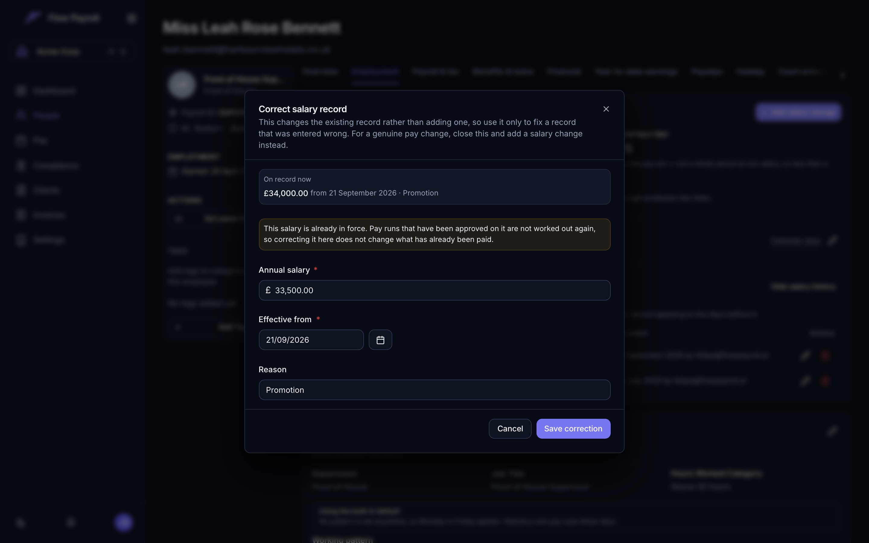 The Correct salary record dialog, showing what is on record now, a warning that the salary is already in force, and fields for the corrected amount, date and reason