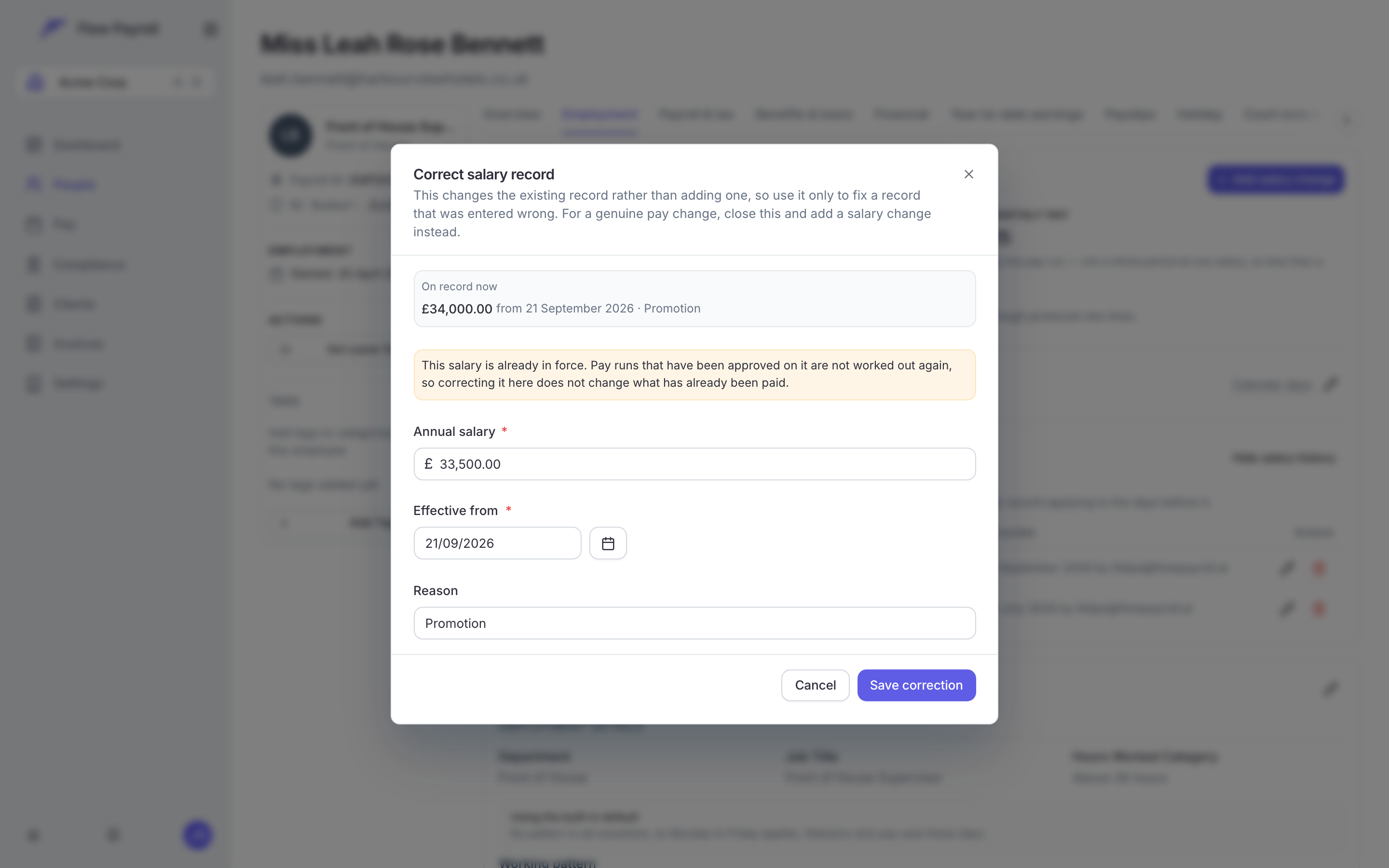 The Correct salary record dialog, showing what is on record now, a warning that the salary is already in force, and fields for the corrected amount, date and reason