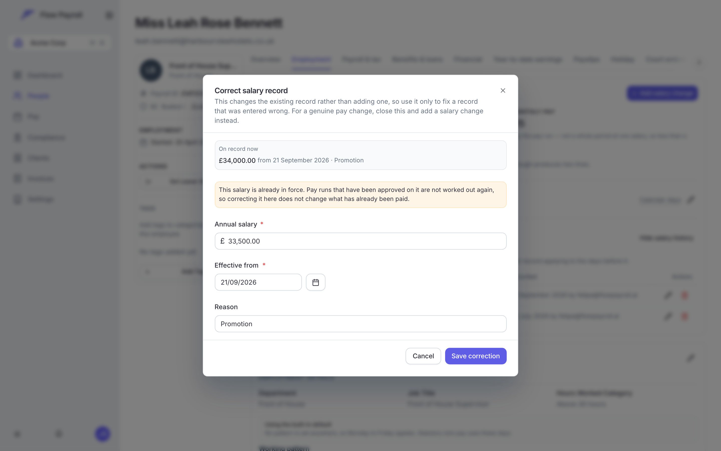 The Correct salary record dialog, showing what is on record now, a warning that the salary is already in force, and fields for the corrected amount, date and reason