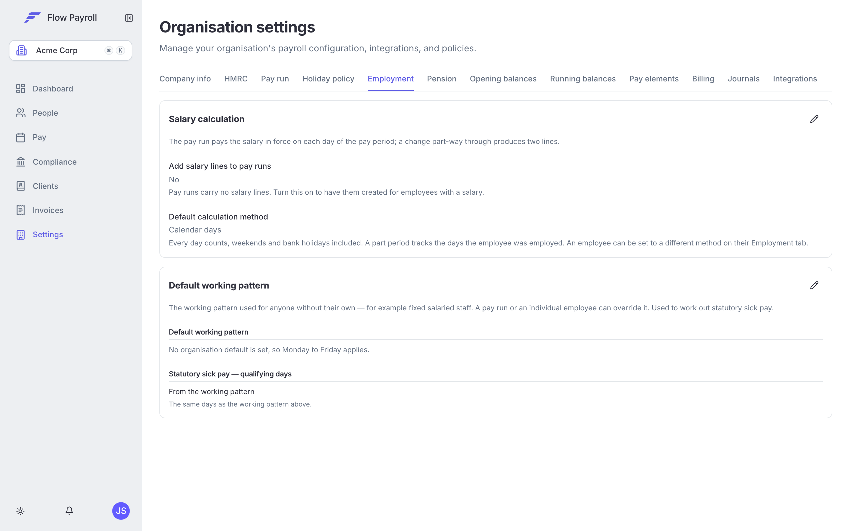 The Salary calculation card in organisation settings, showing whether pay runs carry salary lines and the default calculation method
