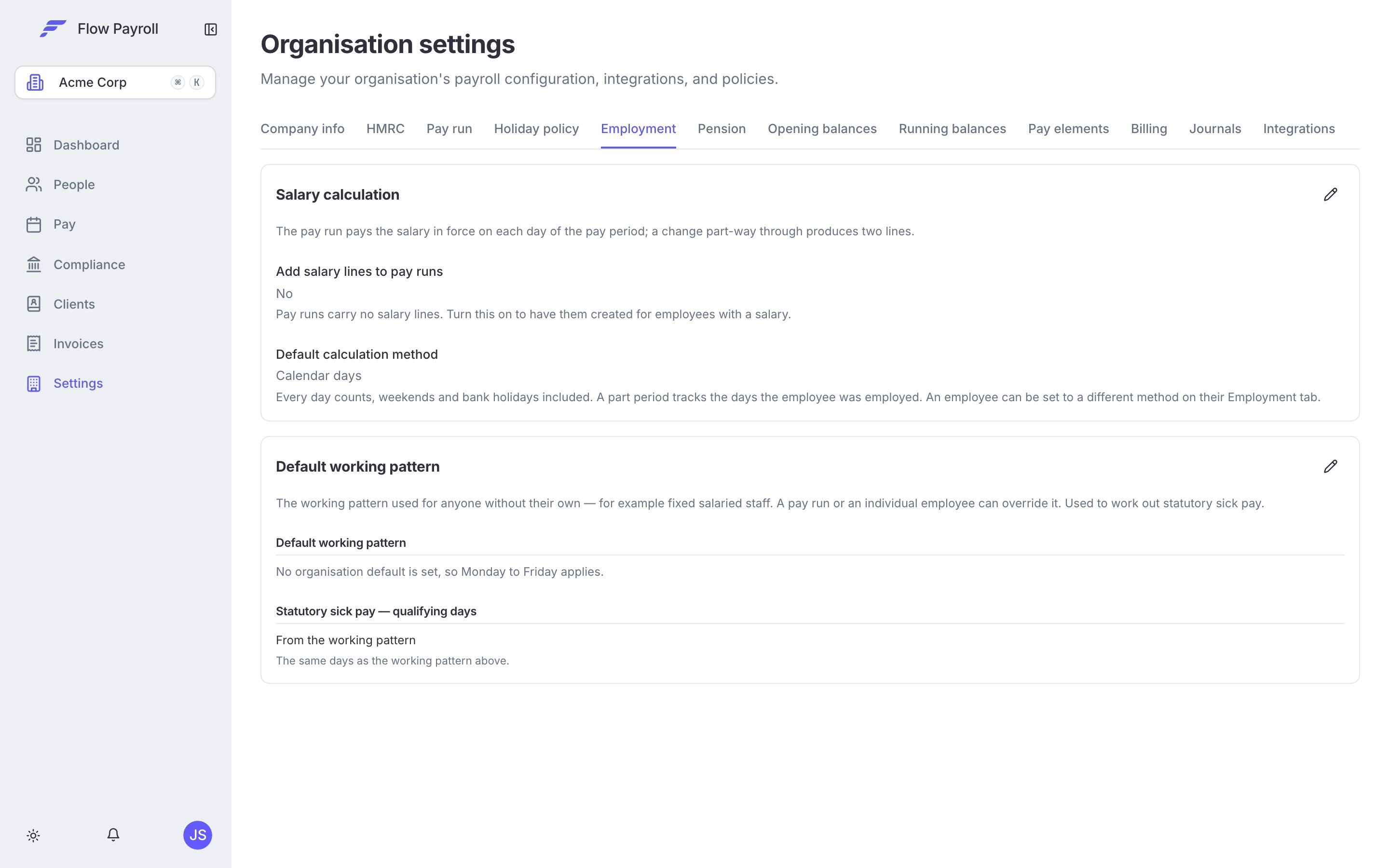 The Salary calculation card in organisation settings, showing whether pay runs carry salary lines and the default calculation method