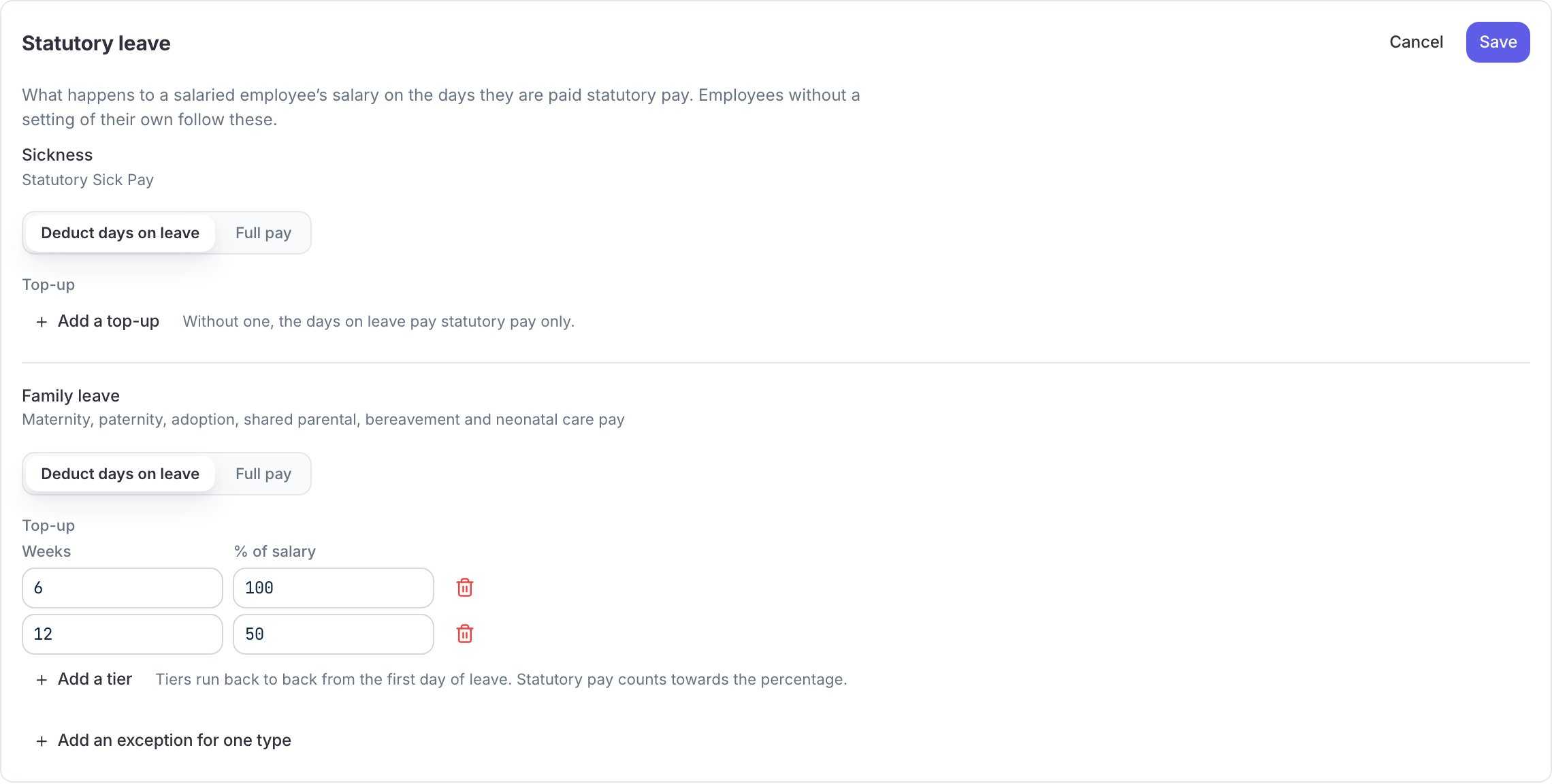 The Statutory leave card in edit mode, with a Deduct days on leave or Full pay choice for Sickness and Family leave, two top-up tiers on family leave, and the Add an exception for one type button