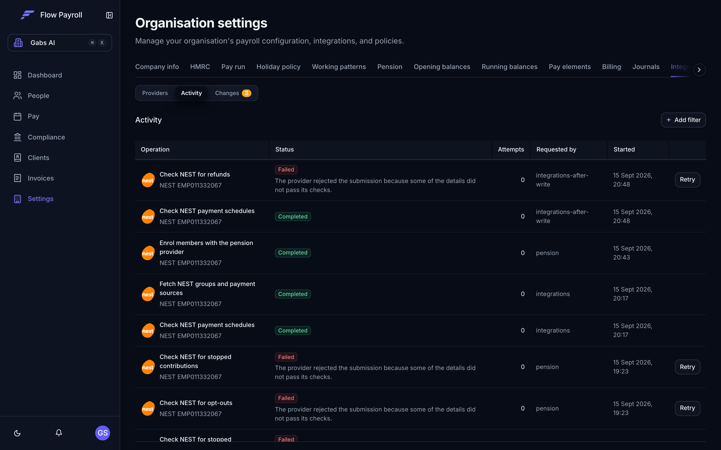 The Activity view under Settings, Integrations, listing every submission and every check of NEST with its status, attempts and who asked for it, and a Retry button on anything that failed