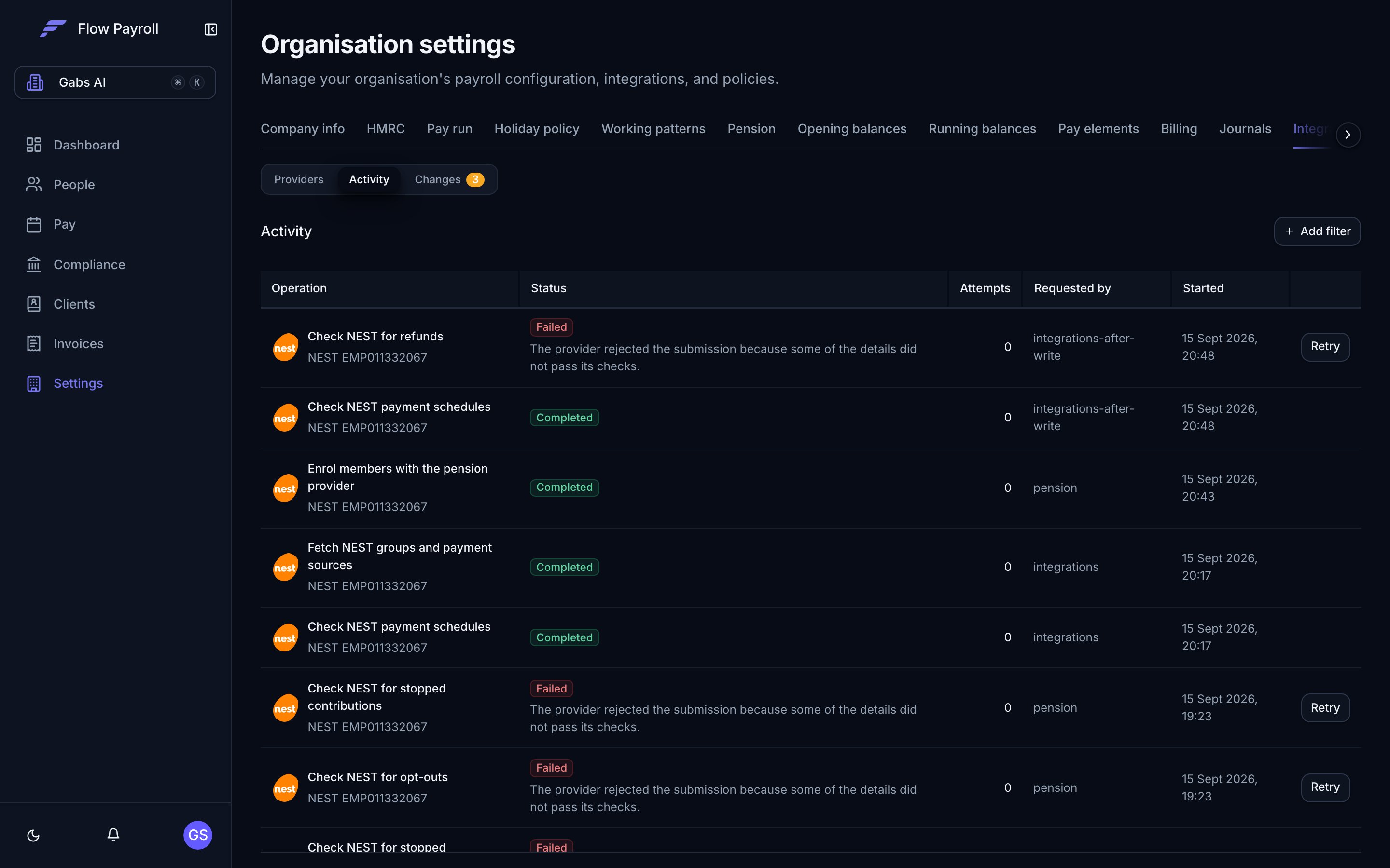 The Activity view under Settings, Integrations, listing every submission and every check of NEST with its status, attempts and who asked for it, and a Retry button on anything that failed