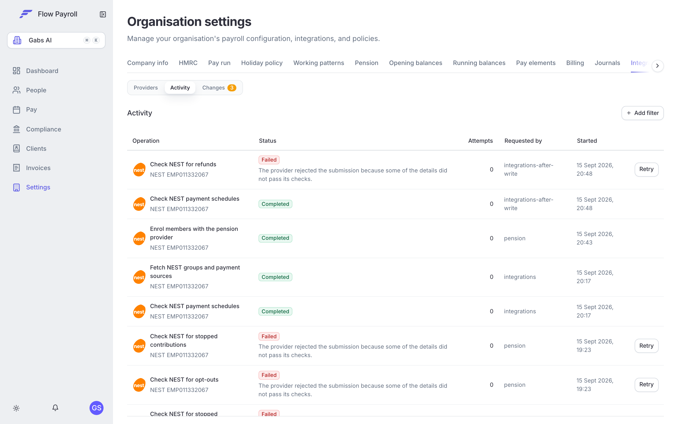 The Activity view under Settings, Integrations, listing every submission and every check of NEST with its status, attempts and who asked for it, and a Retry button on anything that failed