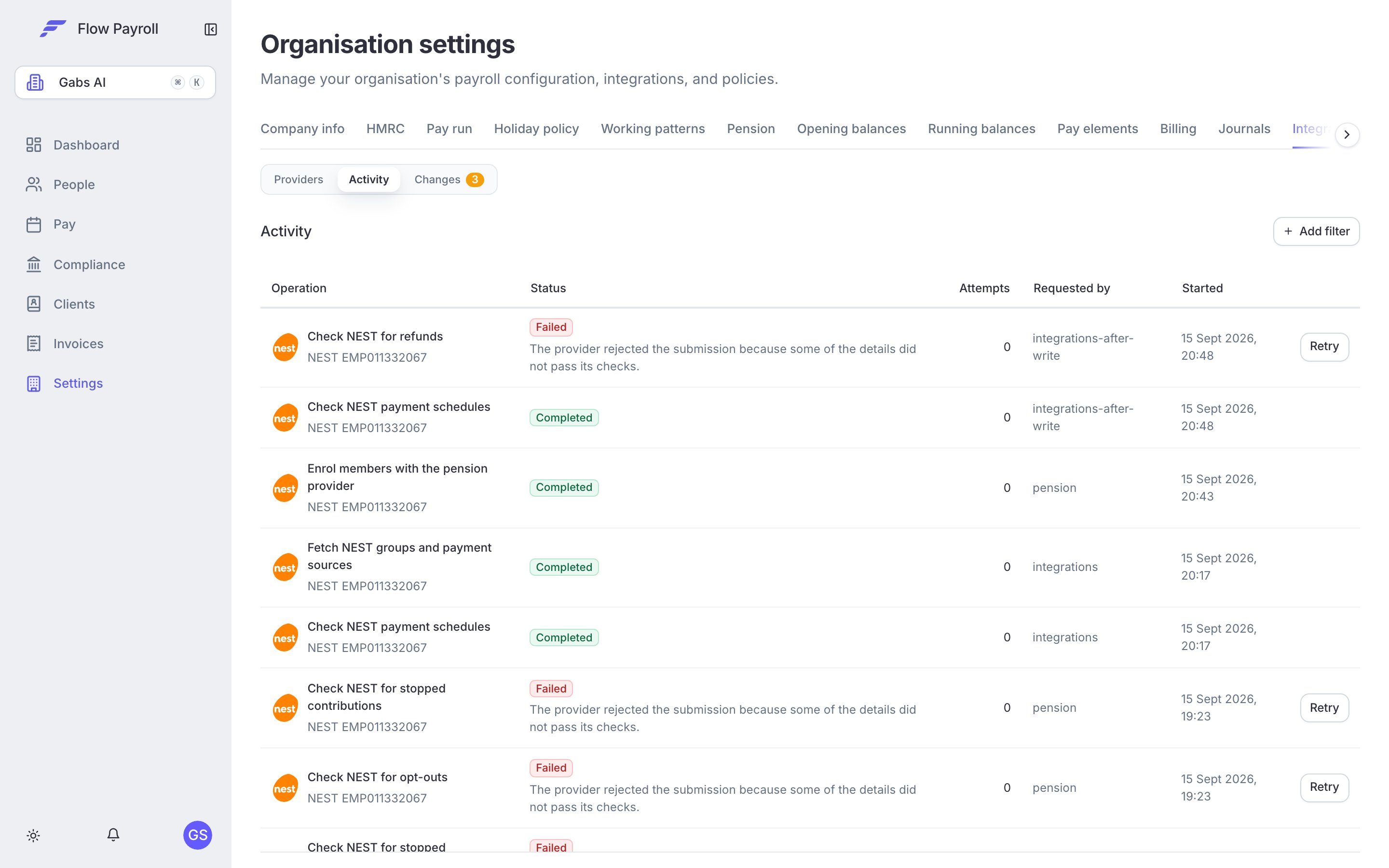 The Activity view under Settings, Integrations, listing every submission and every check of NEST with its status, attempts and who asked for it, and a Retry button on anything that failed