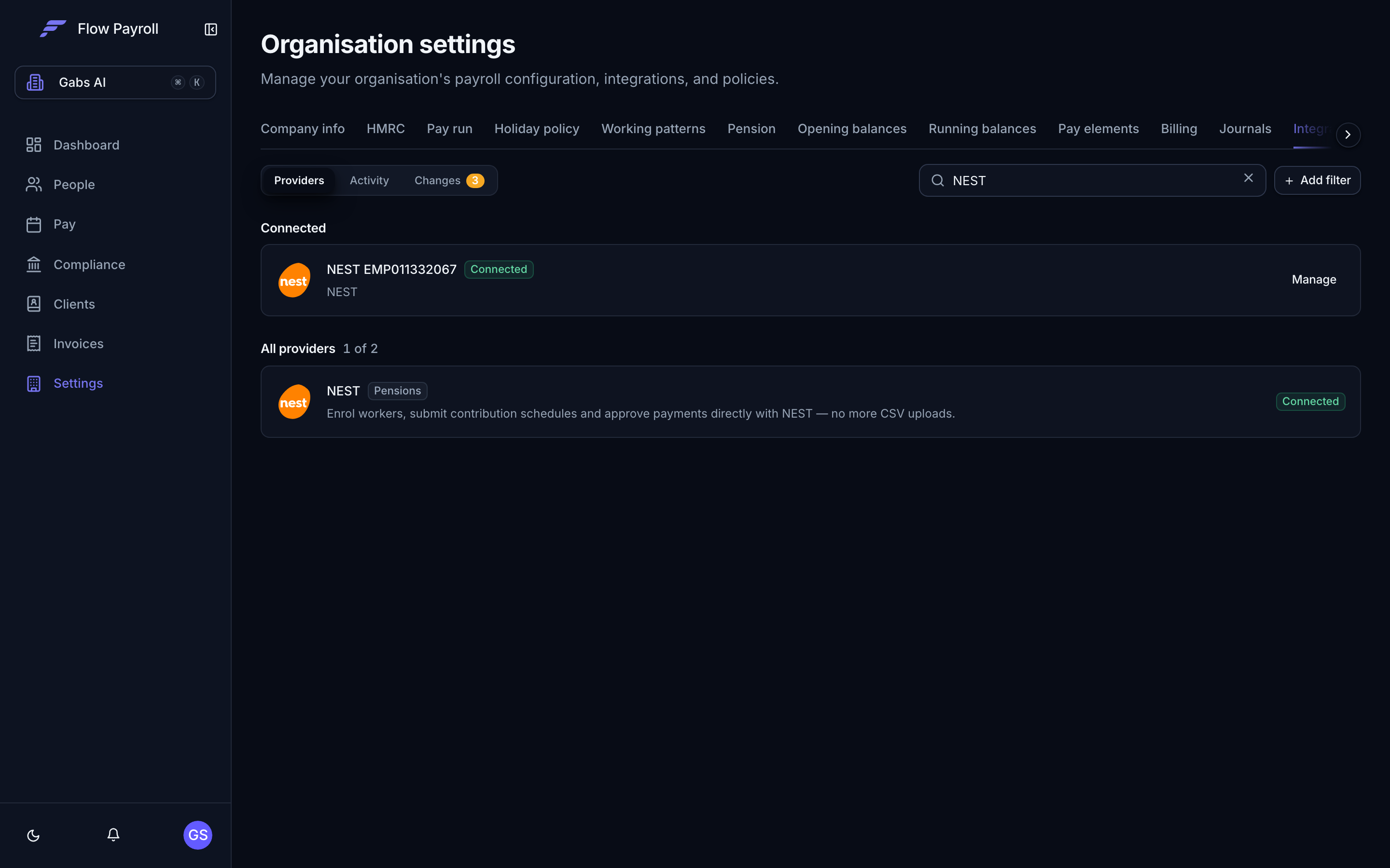 The Integrations tab in organisation settings, showing the NEST connection marked Connected