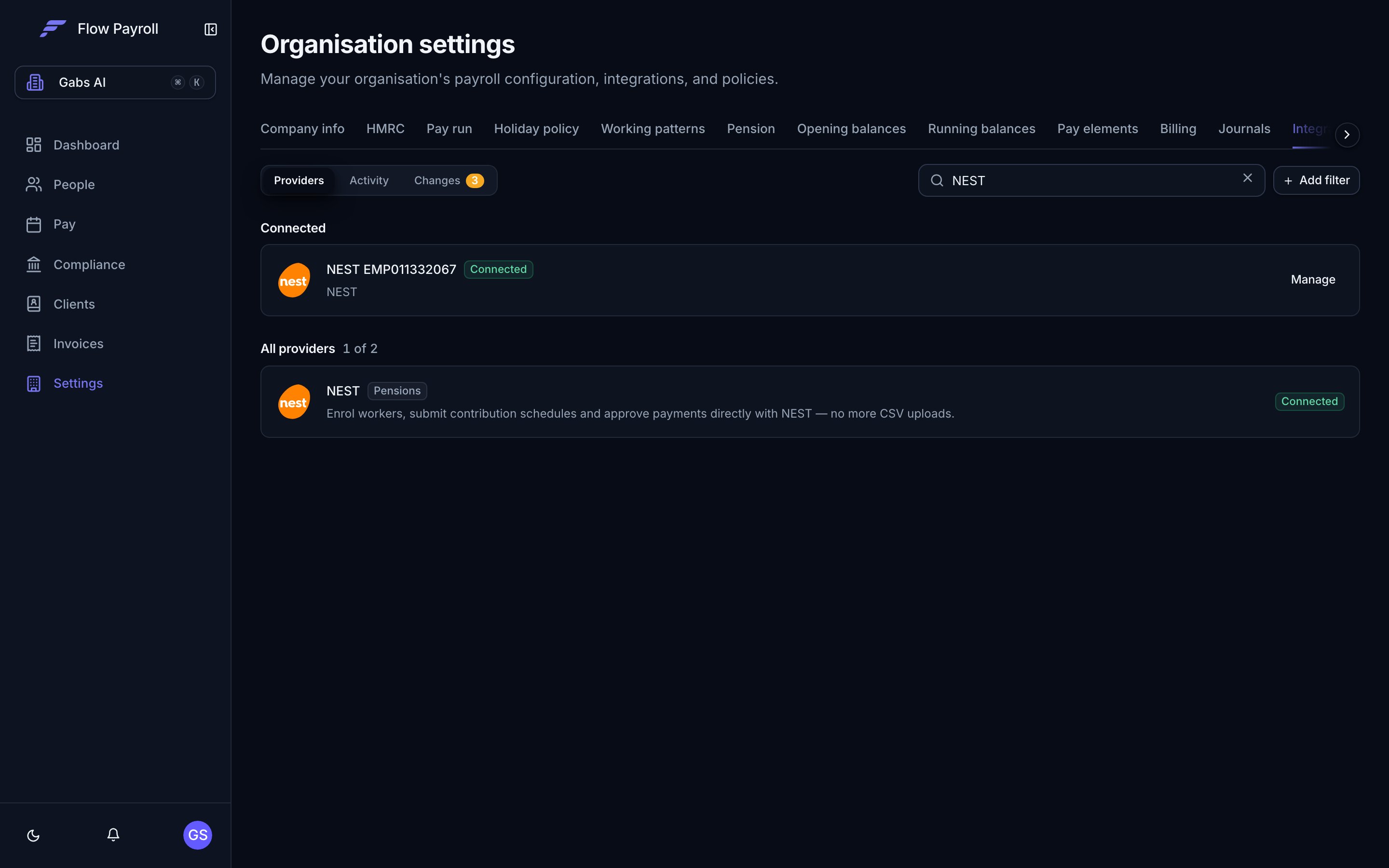 The Integrations tab in organisation settings, showing the NEST connection marked Connected