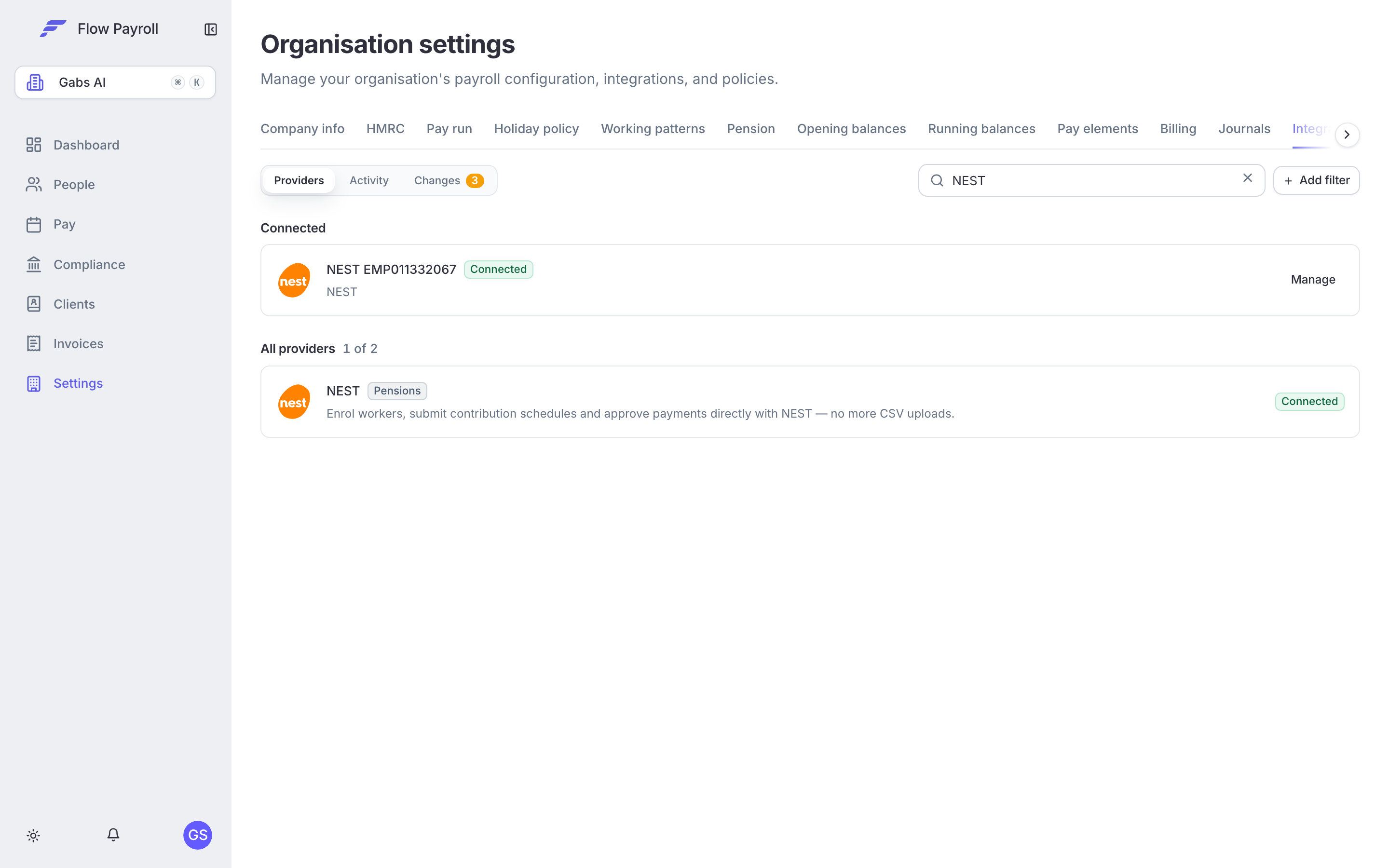 The Integrations tab in organisation settings, showing the NEST connection marked Connected