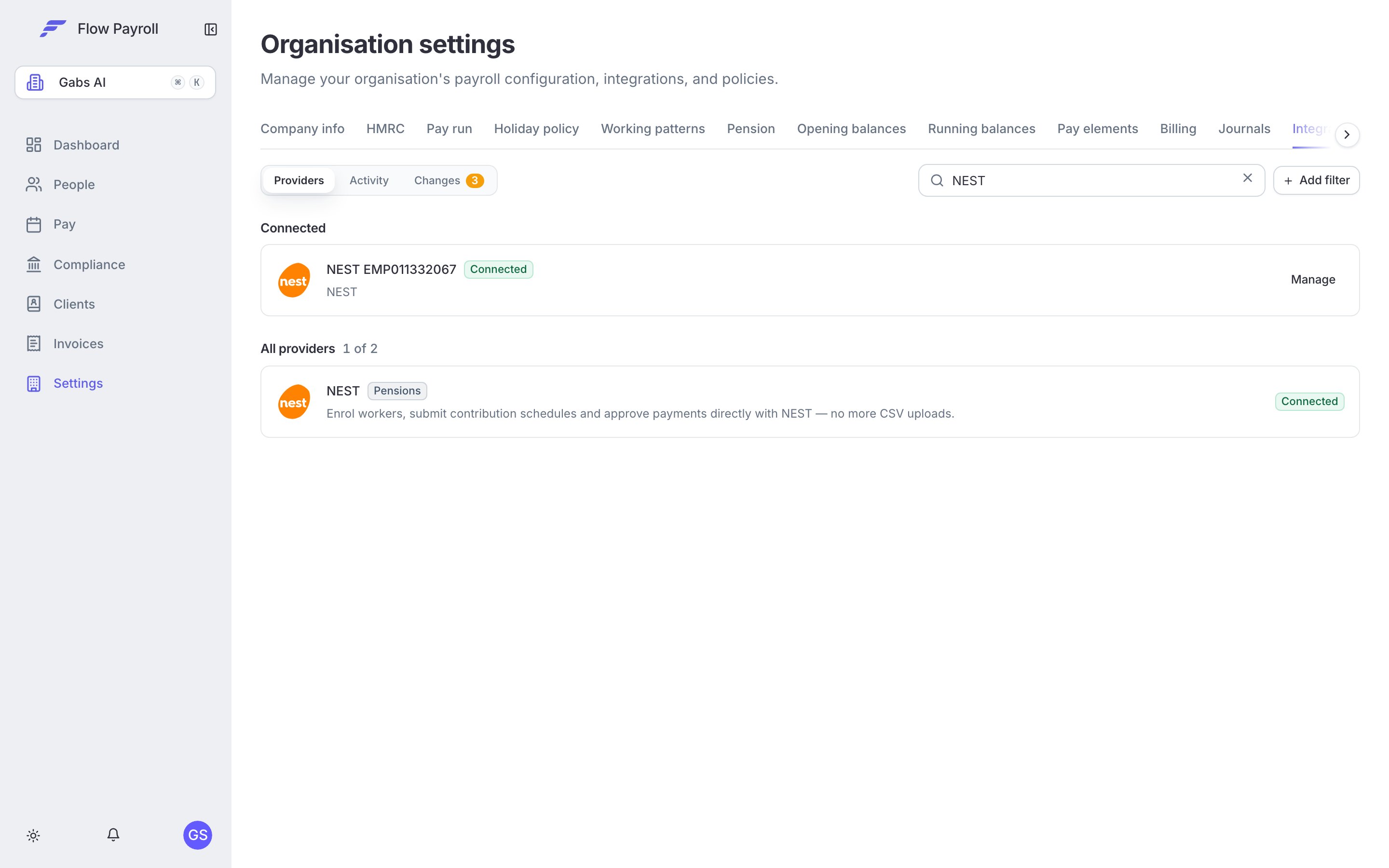 The Integrations tab in organisation settings, showing the NEST connection marked Connected