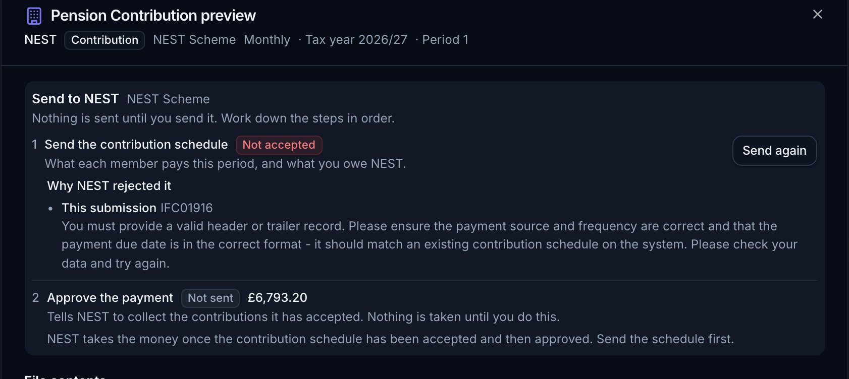 A pension contribution report opened on a completed pay run, showing numbered steps for sending the contribution schedule and approving the payment, each with its status and button