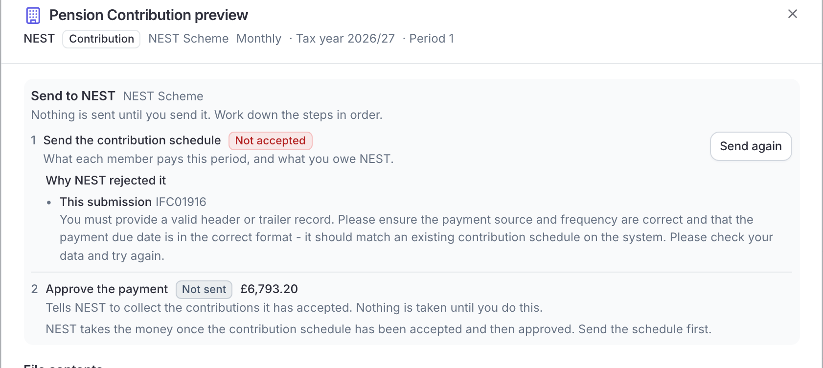 A pension contribution report opened on a completed pay run, showing numbered steps for sending the contribution schedule and approving the payment, each with its status and button