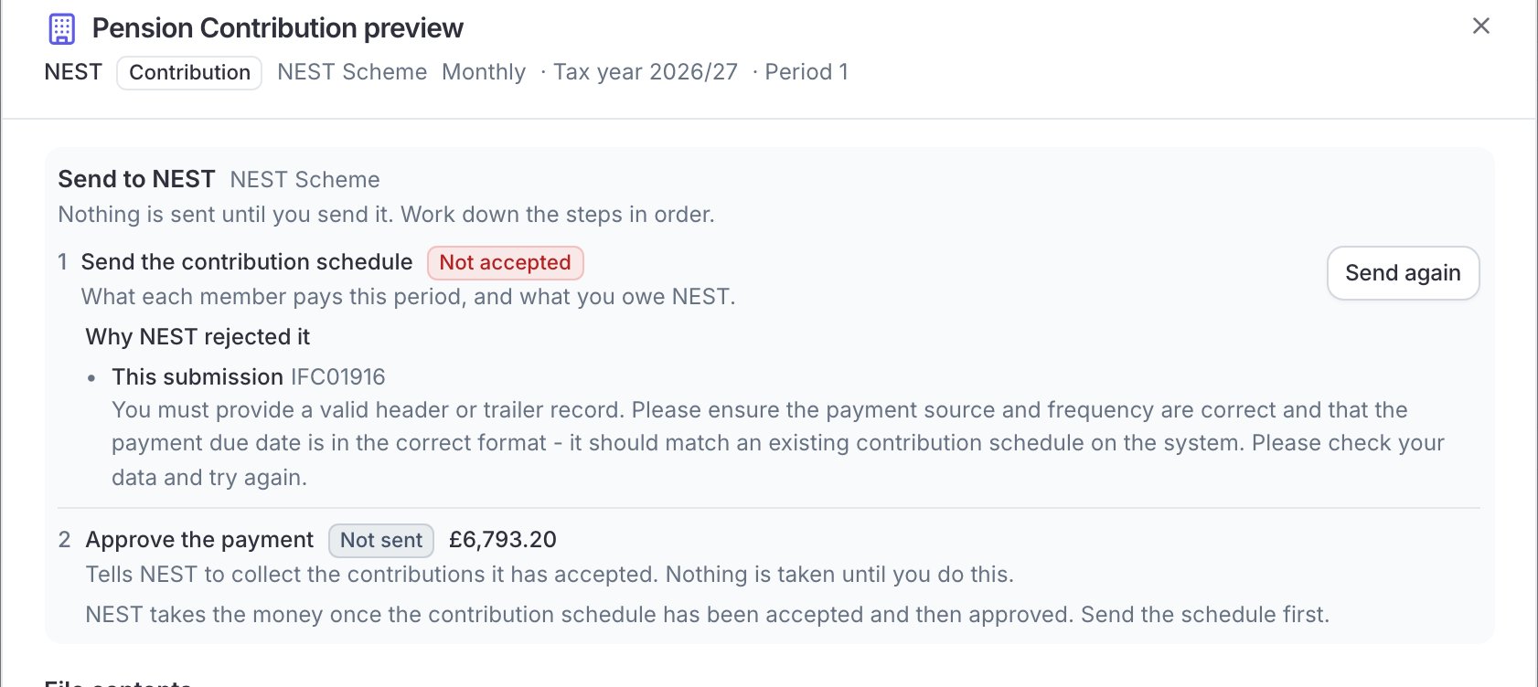 A pension contribution report opened on a completed pay run, showing numbered steps for sending the contribution schedule and approving the payment, each with its status and button